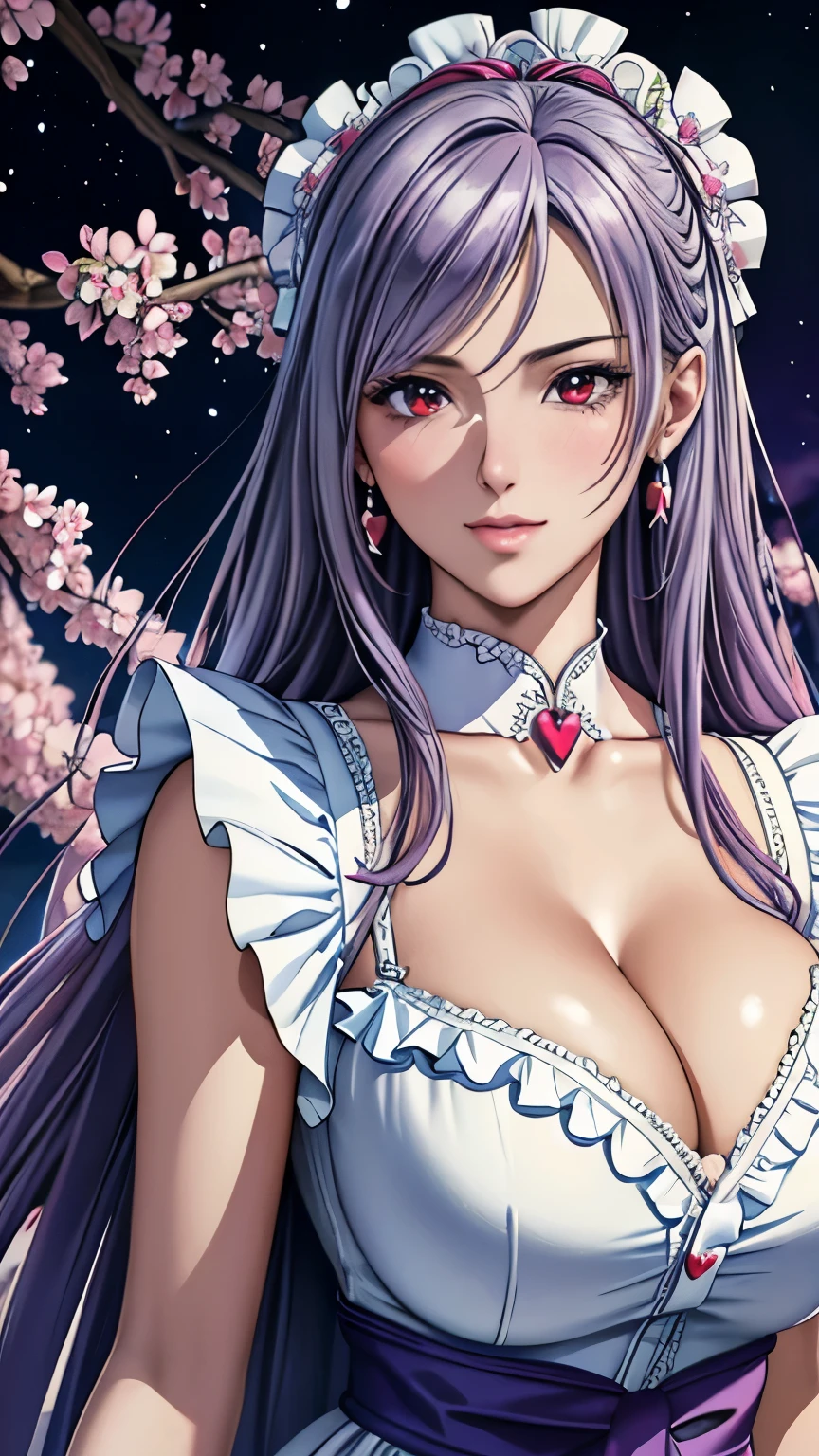 red eyes, (highest quality, masterpiece painting:1.3), immature woman, , (half body shot), masterpiece, ultra high resolution, (Photoreal:1.0), light purple hair,straight hair, beautiful shining hair, white and shining skin, ((Ultra realistic details)), octane rendering, highly detailed face, (big breasts:0.8), (make a heart with hands),（(Breathtaking Beautiful Princess Dresses with Luxurious Details, super precision embroidery, See-through lace, bow ribbon, see-through frill, silver thread, Diamond)), White cherry blossom embroidery pattern, silver earrings,（milky way galaxy), Hair flutters under the influence of the wind, Japanese garden with beautiful cherry blossoms at night, Mysterious night sky, Beautiful Landscapes, sharp focus, intricate details, professional artwork, (bright colors:1.1), bright colors, diffused lighting, digital blending, ultra-definition body, ultra detail hair, super detailed face, that&#39;It&#39;s trending on pixiv, top button open, Cute gaze, compensate, perfect lips, perfect compensate, Ultra-precision coating,  (light_smile:0.8), (Very embarrassed:1.2), blush your nose,