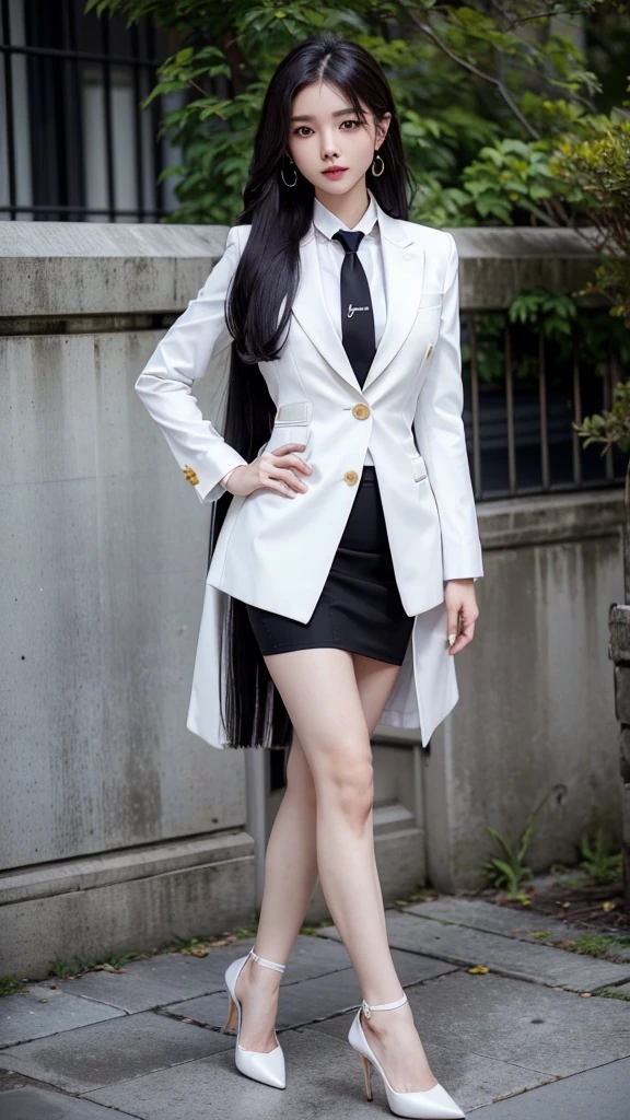 woman, (สาวสวยTwo meter long hair, very long hair, Extra long hair, long black hair), (Italian style suit, white, Two button suit), (Italian Suit, white suit, two-button suti), (ใส่สูทwoman, Business woman's suit, white), (ชุดสูทwomanwhite), (เสื้อเชิ้ตwhite), necktie, (necktieสั้นสีดำ, necktieสีดำ, The Skinny Necktie, Knit tie), (Military rank insignia), (short pencil skirtwhite), (dynamic post), full body, (A gigantic rift), (Huge breasts, thin body, small waist, hips raised, small thighs, Long legs), black high heels, (short pencil skirt, white), Wearing a suit for a business woman, (Wearing a white business suit, สูทนักธุรกิจหญิงwhite), (tight, military regalia, เสื้อwhite, กระโปรงwhite), (black shoes), (Two-button gold-colored suit buttons, Two meter long hair, Form-fitting suit, เสื้อสูทwhiteทรงธรรมดารัดรูป), (black high heels, Black pointed toe high heels), (stand, walk, Graceful posture, dynamic post), short suit, earring, garden, Democracy Monument