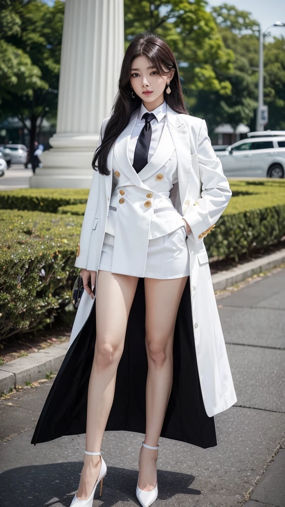 woman, (สาวสวยTwo meter long hair, very long hair, Extra long hair, long black hair), (Italian style suit, white, Two button suit), (Italian Suit, white suit, two-button suti), (ใส่สูทwoman, Business woman&#39;s suit, white), (ชุดสูทwomanwhite), (เสื้อเชิ้ตwhite), necktie, (necktieสั้นสีดำ, necktieสีดำ, The Skinny Necktie, Knit tie), (Military rank insignia), (short pencil skirtwhite), (dynamic post), full body, (A gigantic rift), (Huge breasts, thin body, small waist, hips raised, small thighs, Long legs), black high heels, (short pencil skirt, white), Wearing a suit for a business woman, (Wearing a white business suit, สูทนักธุรกิจหญิงwhite), (tight, military regalia, เสื้อwhite, กระโปรงwhite), (black shoes), (Two-button gold-colored suit buttons, Two meter long hair, Form-fitting suit, เสื้อสูทwhiteทรงธรรมดารัดรูป), (black high heels, Black pointed toe high heels), (stand, walk, Graceful posture, dynamic post), short suit, earring, garden, Democracy Monument