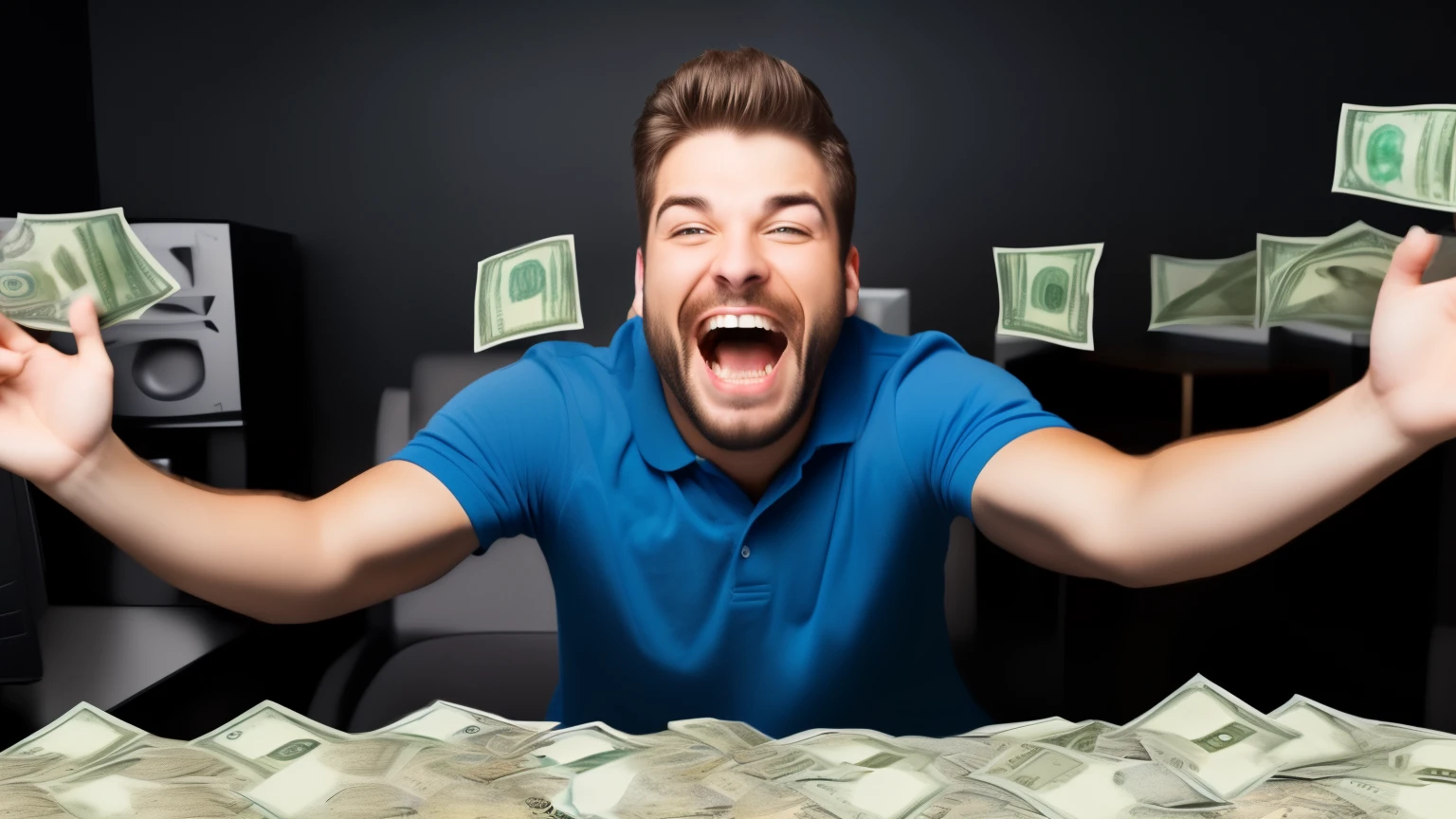 funny guy screaming, money hands, surrounded by money and computers,