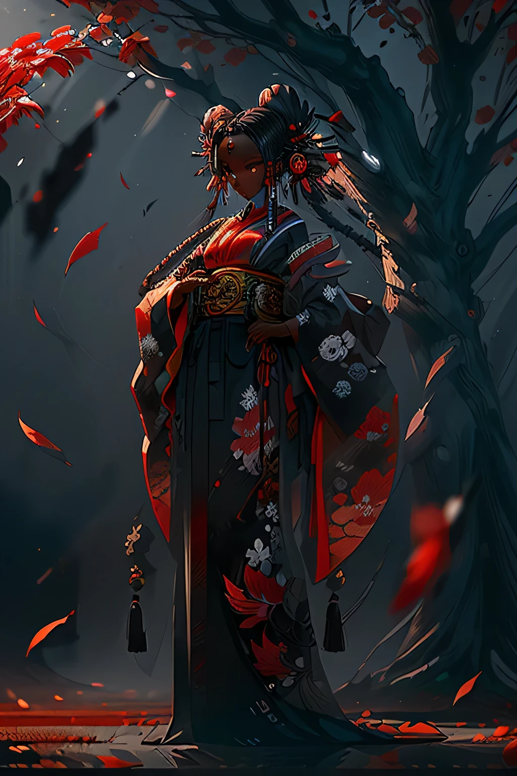 Picture a dark-skinned melanin woman with dreadlocks, an elegant Japanese kimono adorned with African designs, and a sharp sword in hand. She stands boldly beneath a towering tree, its branches weighed down by an abundance of falling red leaves. The scene is set against a backdrop of gray clouds, casting a dramatic black and white color grading with only the red leaves standing out in vibrant contrast.

The cinematic atmosphere unfolds in 32K ultra HD, with every detail meticulously rendered to perfection. The woman's dreadlocks cascade down her back, illuminated by the golden sunlight that filters through the leaves. The kimono'