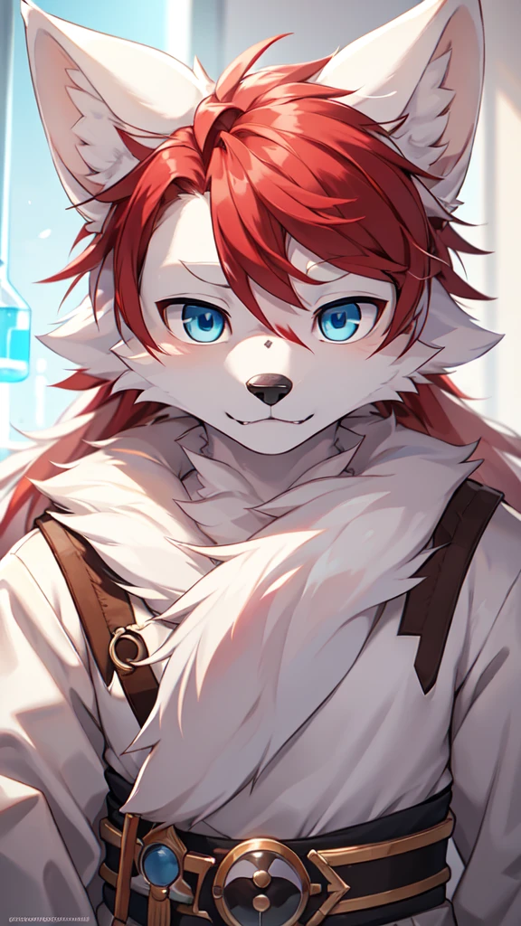 (Best picture quality),(Masterpiece),(((Only one person.))),(Extremely detailed),(male white wolf:1.5), (white skin:1.3), hairy,(white fur:1.3),((blue eyes)) ,(Gray ears),(red hair),(hairy 动物 耳朵s),(wearing a white coat),((laboratory)),doctor,Protective Clothing,natural light,complex background,detailed face,details on face,Focus on character,detailed clothing,upper body,depth of field,perfect lighting,Sharp focus,characters close up