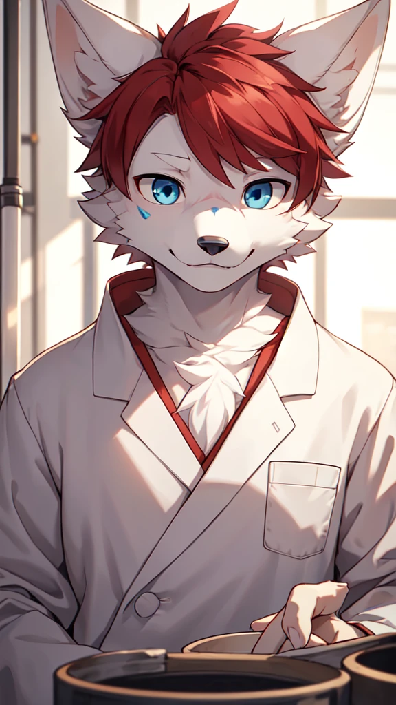 (Best picture quality),(Masterpiece),(((Only one person.))),(Extremely detailed),(male white wolf:1.5), (white skin:1.3), hairy，(white fur:1.3),((blue eyes)) ,(Gray ears),(red hair),(hairy 动物 耳朵s)，(wearing a white coat)，((laboratory))，doctor，Protective Clothing，natural light，complex background,detailed face，details on face，Focus on character，detailed clothing，upper body，depth of field，perfect lighting，Sharp focus，characters close up