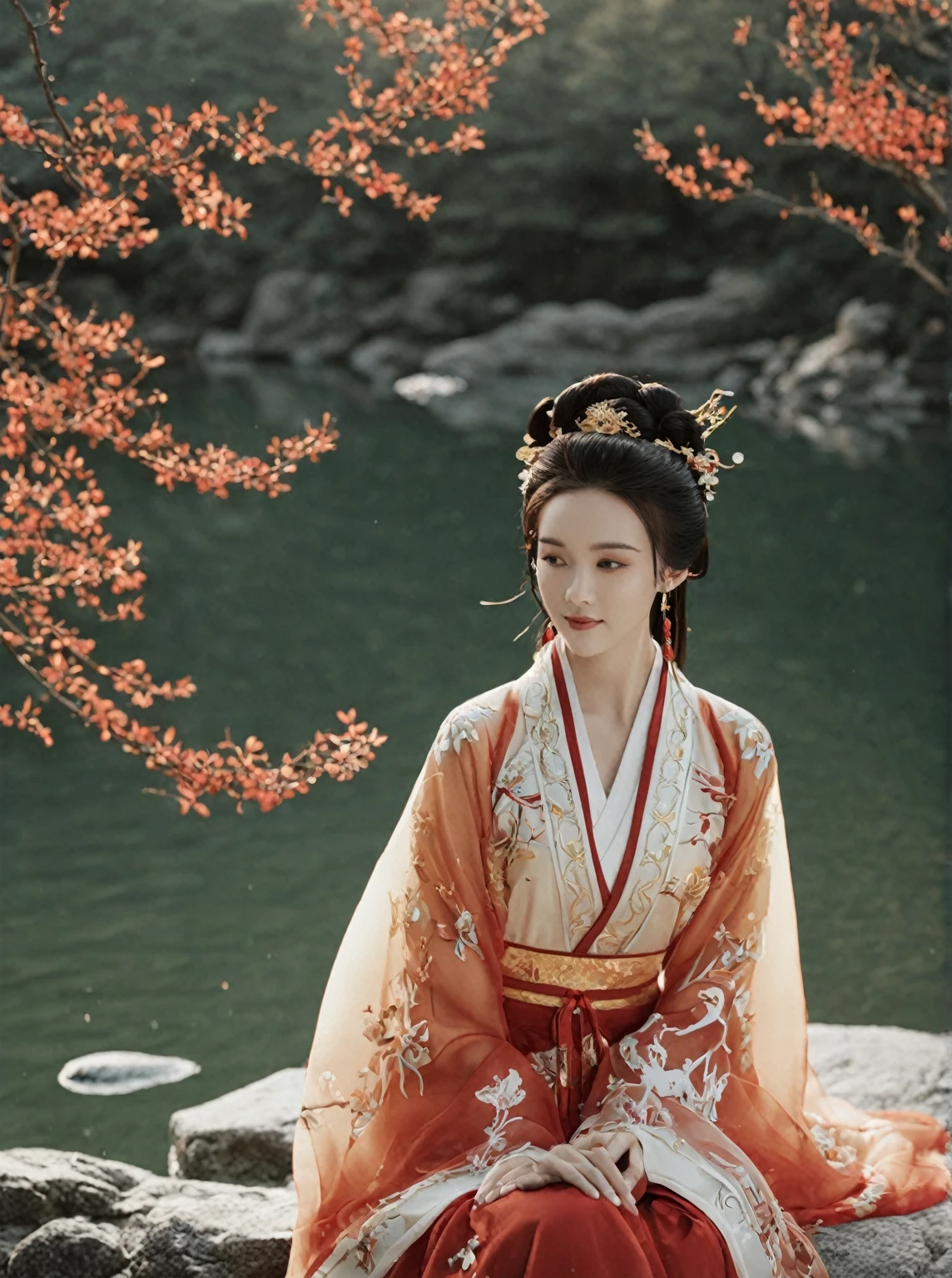 Whimsical and fun, Movie照片 水墨画 轻汉服,Portraits inspired by traditional Chinese art, Woman in Hanfu.  The tranquil scenery is reminiscent of the tranquility found in classical Chinese paintings from the Song and Ming dynasties.. The golden calligraphy font and red seal add a lot of color to the whole scene,  Everything is infused with a rich soft golden hue, White, and crimson.tilt frame, Brings a feeling of tension or energy.,peace, Quiet environment. . monochrome, loose, body fluid, expressive, Beautifully,rich and colorful . 35mm Photo, Movie, Bokeh, professional, 4K, Very detailed, full of imagination, fantastic, bright colors, Programmatic, Happy, Whimsical and fun