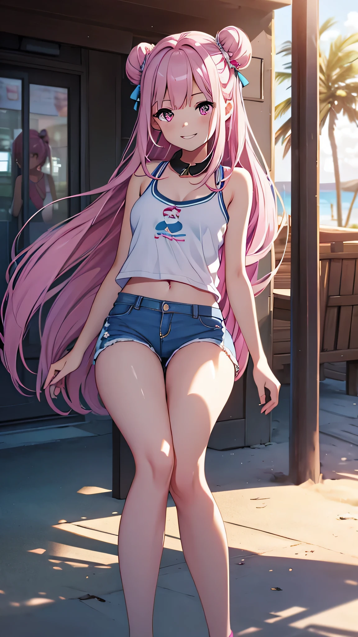 cg, unity, 8k, wallpaper, highest quality, masterpiece, 1 Girl, Cheerful girl, ************, Kunimi Tama,idol pose, (bright smile: 1.2), Cute tank top, (Blue Collar, Blue shorts: 1.3), Short sleeve, barefoot, best writing, Complex pupil, Complex weaving, Detailed Background, on the beach, Low - Angle,masterpiece, highest quality, High resolution, {detailed and beautiful eyes}, finely,  detailed and beautiful eyes,1 Girl, (alone:1.5),  (Hair Ribbon:0.4), Pink Eyes,Cinematic Angles,perspective,White bun hair,long hair in pink,