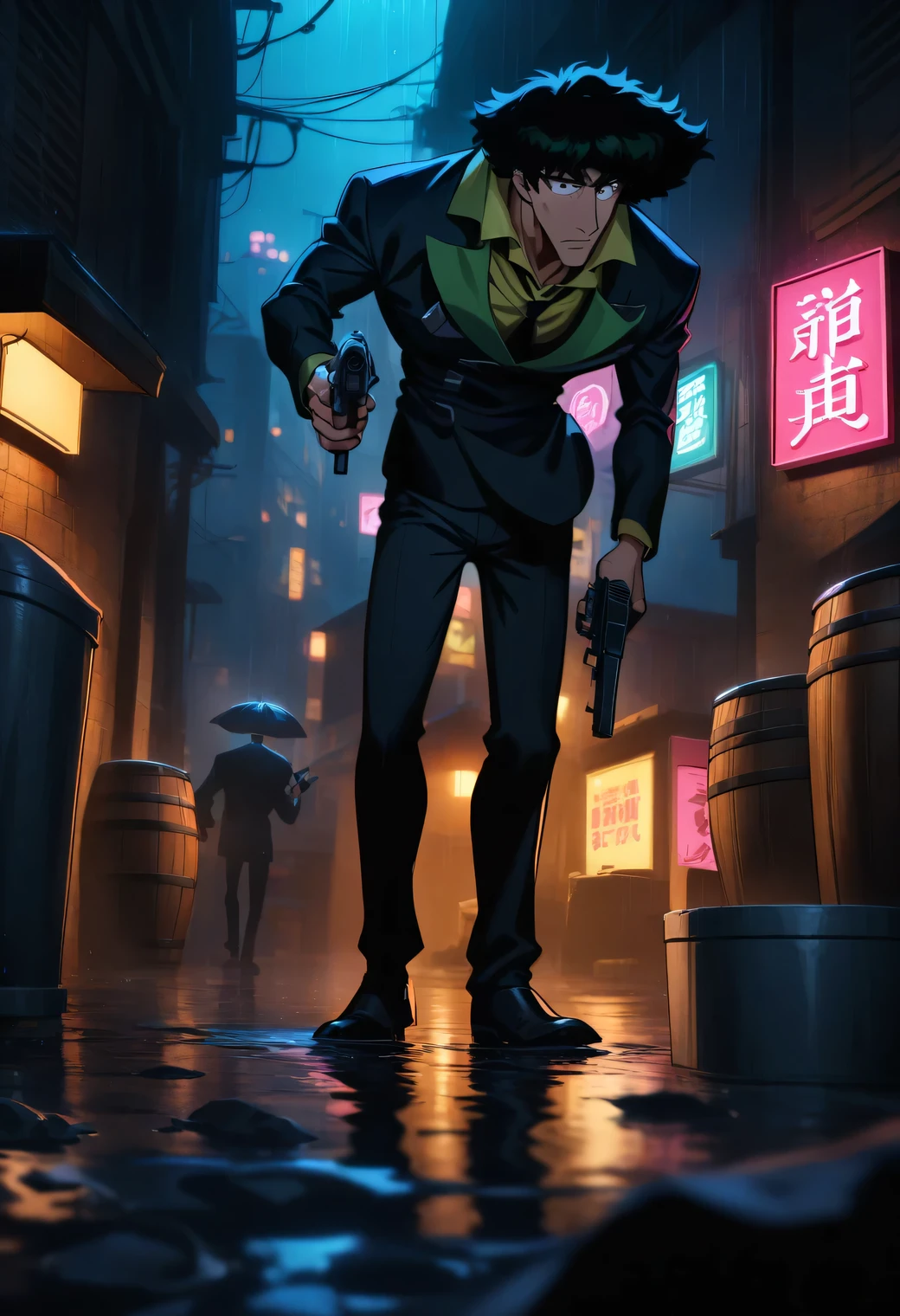 masterpiece, best quality, very aesthetic, absurdres, 

Hardboiled, 1man, Cowboy Bebop, Spike Spiegel standing sideways, holding pistol, pistol pointed forward, barrel slightly downwards, dimly lit alley, rain, neon sign in background, bin, puddle reflects neon light, rain streaks light