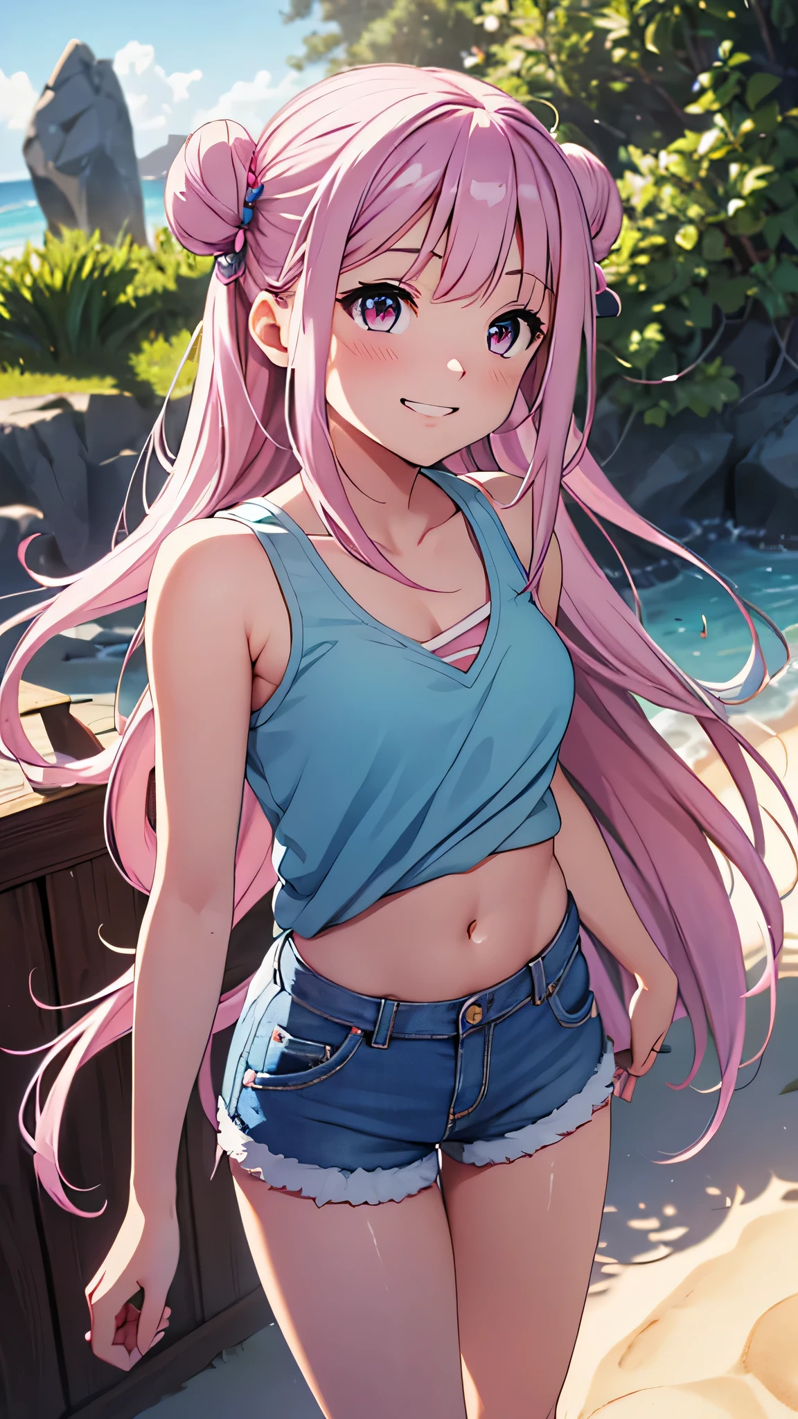 cg, unity, 8k, wallpaper, highest quality, masterpiece, 1 Girl, Cheerful girl, ************, Kunimi Tama,idol pose, (bright smile: 1.2), Cute tank top, (Blue Collar, Blue shorts: 1.3), Short sleeve, barefoot, best writing, Complex pupil, Complex weaving, Detailed Background, on the beach, Low - Angle,masterpiece, highest quality, High resolution, {detailed and beautiful eyes}, finely,  detailed and beautiful eyes,1 Girl, (alone:1.5),  (Hair Ribbon:0.4), Pink Eyes,Cinematic Angles,perspective,White bun hair,long hair in pink,