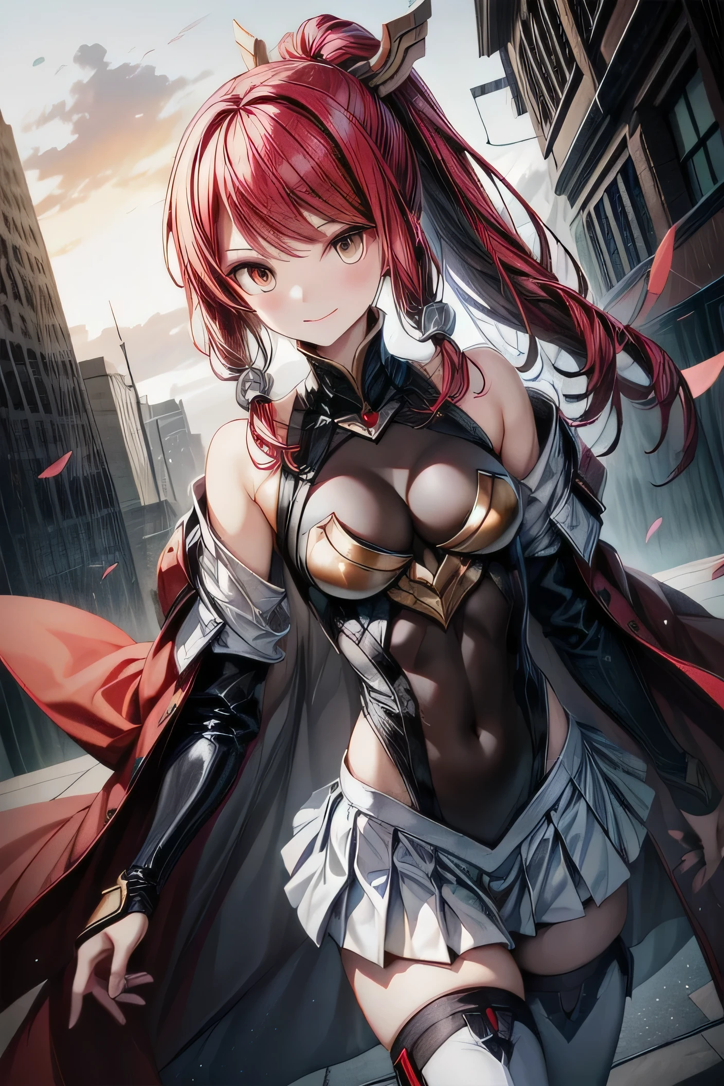 Izayoi (blazblue), orange eyes, red hair, ponytail, long hair, Small breasts, armor, bodysuit, boots, skin tight, skirt, thigh boots, thighhighs, 1girl, solo, facing viewer, looking at viewer, upper body, smile,
