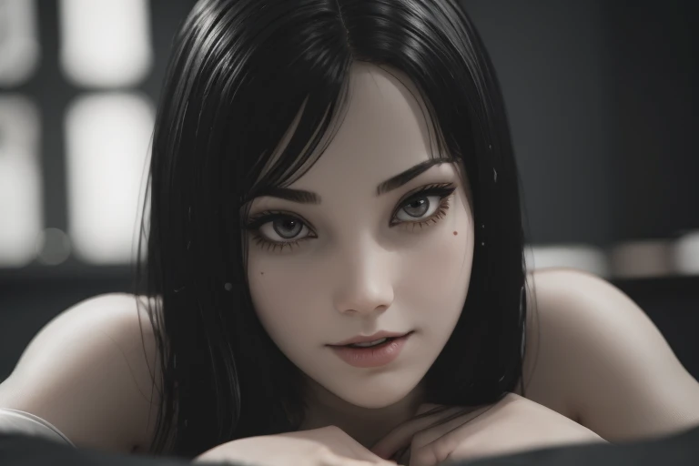 Ultra realistic, 16k, high quality, one evil naked well lit girl, succubus aesthetic, dream aesthetic, long black hair, cute bangs on the forehead, black evil eyes, bright evil eyes look, perfect nose, evil smile, pale-grey skin, grey skin, flushed cheeks, natural detailed , showing natural medium breasts, narrow waist, big hips, hot big vagina, hot sexy legs, perfect feets, creepy aesthetic, ************, (beautiful natural body), professional photography of a naked woman detailed, sharp focus, dramatic, award-winning, cinematic lighting, dream aesthetic, volumetric dtx, (film grain, creepy dark school laboratory background, blurred foreground, Bokeh, depth of field, motion blur:1.3), evil cute model, 