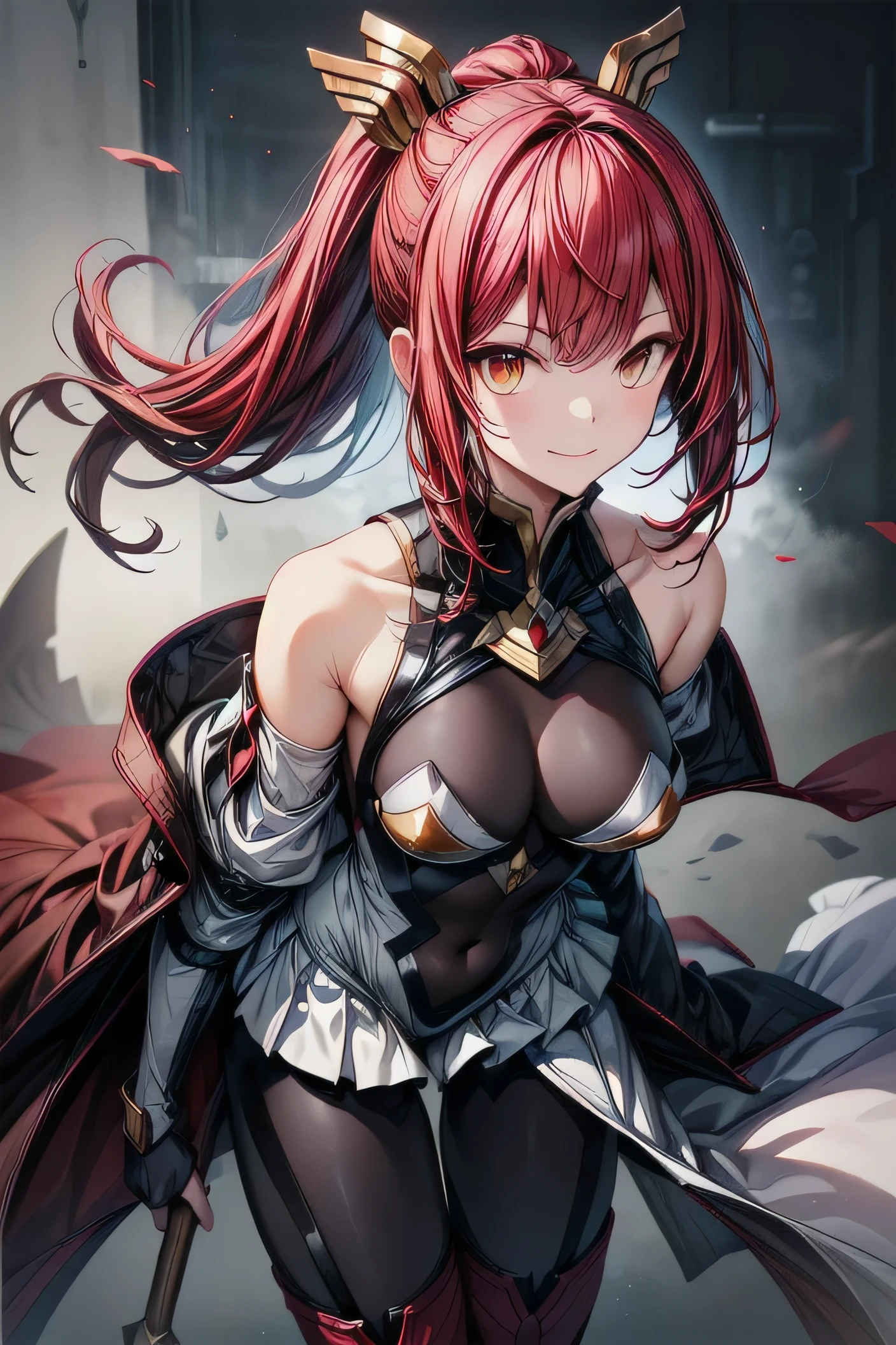 Izayoi (blazblue), orange eyes, red hair, ponytail, long hair, Small breasts, armor, bodysuit, boots, skin tight, skirt, thigh boots, thighhighs, 1girl, solo, facing viewer, looking at viewer, upper body, smile,