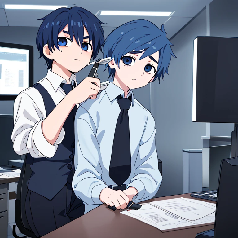Look like 20yr or 18yr boy
dark blue hair color and some little light blue/grey color on down hair
black Eye color beautiful eye
Short Hair look like a anime girl but he is actually a boy but handsome
Holding a knife with blood on it
Silent face and don't show emotions
Many Blood all over his
Dark background like a office at night sitting on a office chair
Black outfit with tie main color is dark blue