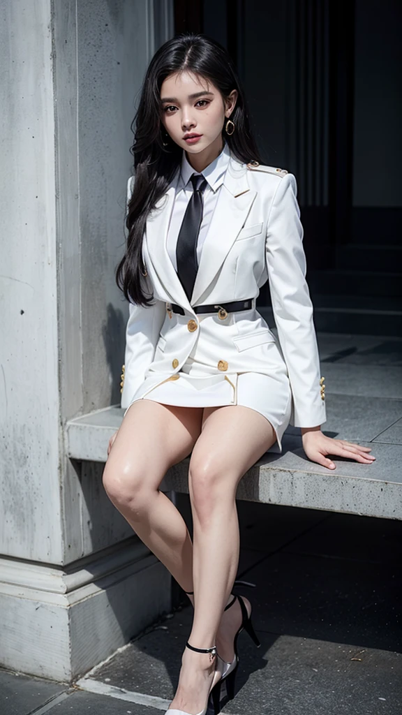 woman, (สาวสวยTwo meter long hair, very long hair, Extra long hair, long black hair), (Italian style suit, white, Two button suit), (Italian Suit, white suit, two-button suti), (ใส่สูทwoman, Business woman&#39;s suit, white), (ชุดสูทwomanwhite), (เสื้อเชิ้ตwhite), necktie, (necktieสั้นสีดำ, necktieสีดำ, The Skinny Necktie, Knit tie), (Military rank insignia), (short pencil skirtwhite), (dynamic post), full body, (A gigantic rift), (Huge breasts, thin body, small waist, hips raised, small thighs, Long legs), black high heels, (short pencil skirt, white), Wearing a suit for a business woman, (Wearing a white business suit, สูทนักธุรกิจหญิงwhite), (tight, military regalia, เสื้อwhite, กระโปรงwhite), (black shoes), (Two-button gold-colored suit buttons, Two meter long hair, Form-fitting suit, เสื้อสูทwhiteทรงธรรมดารัดรูป), (black high heels, Black pointed toe high heels), (stand, walk, Graceful posture, dynamic post), short suit, earring, garden, Democracy Monument