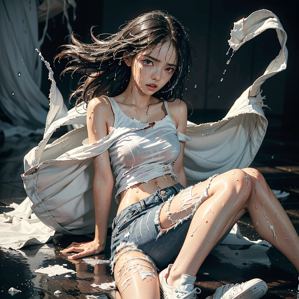 best image quality, masterpiece, super high resolution, (fidelity:1.4), photo, 1 girl, white shirt, torn jeans, white sneakers, dim, darkness, despair, pity, poor, movie, tears, teardrops, (torn clothes:1.5), (wet clothes:1.4), bare shoulders, real rain, wet hair, close up