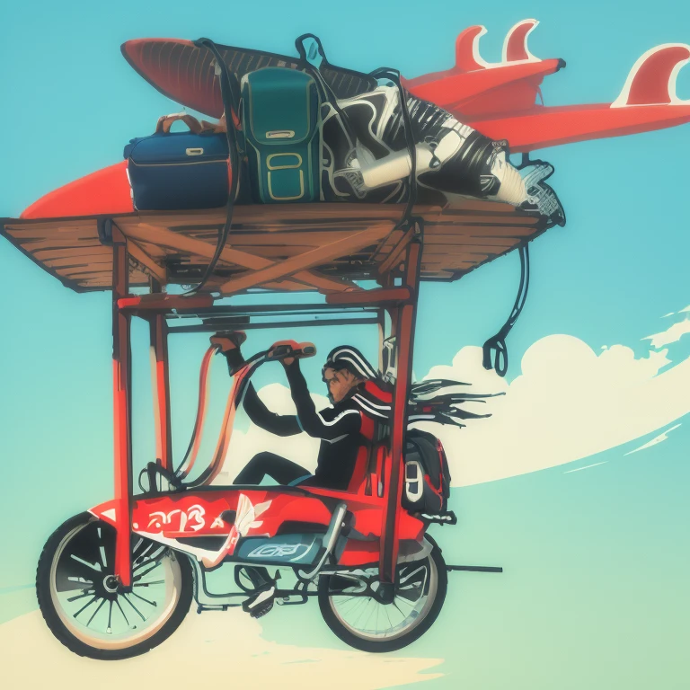 man riding a bike with a surfboard and luggage on top. super realistic