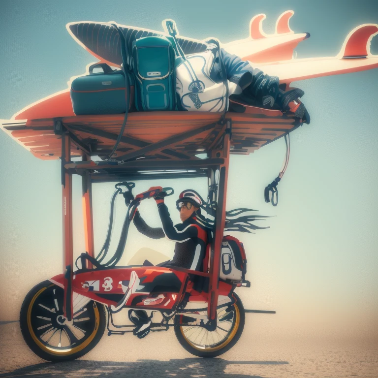 man riding a bike with a surfboard and luggage on top. super realistic
