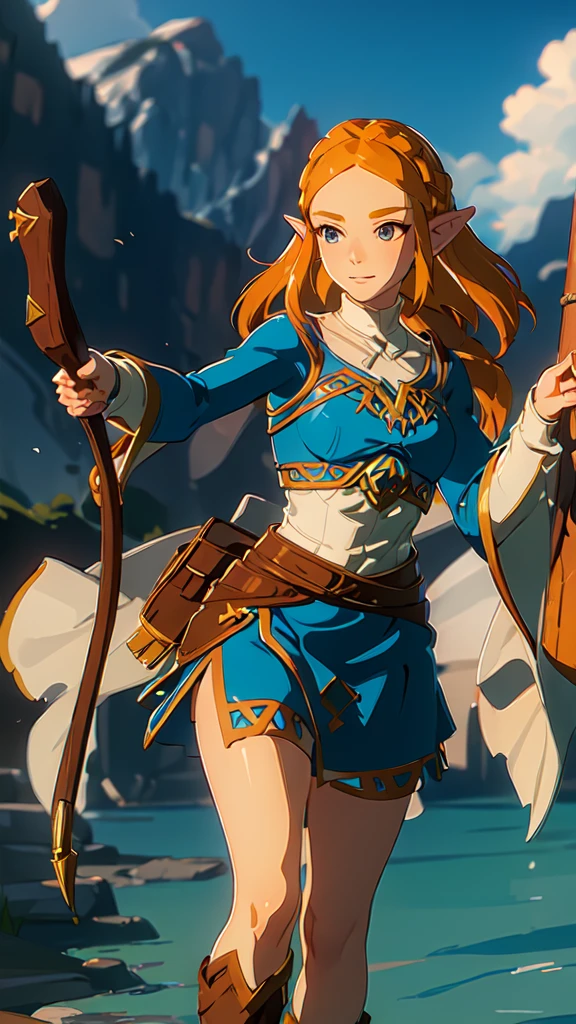 ((masterpiece,best quality)),Zelda\(Princess\), 1 girl, Solitary, breast,long_hair,skirt,portrait,Looking at the audience,Smile,8k wallpaper,in the lake,Black_cape,close up