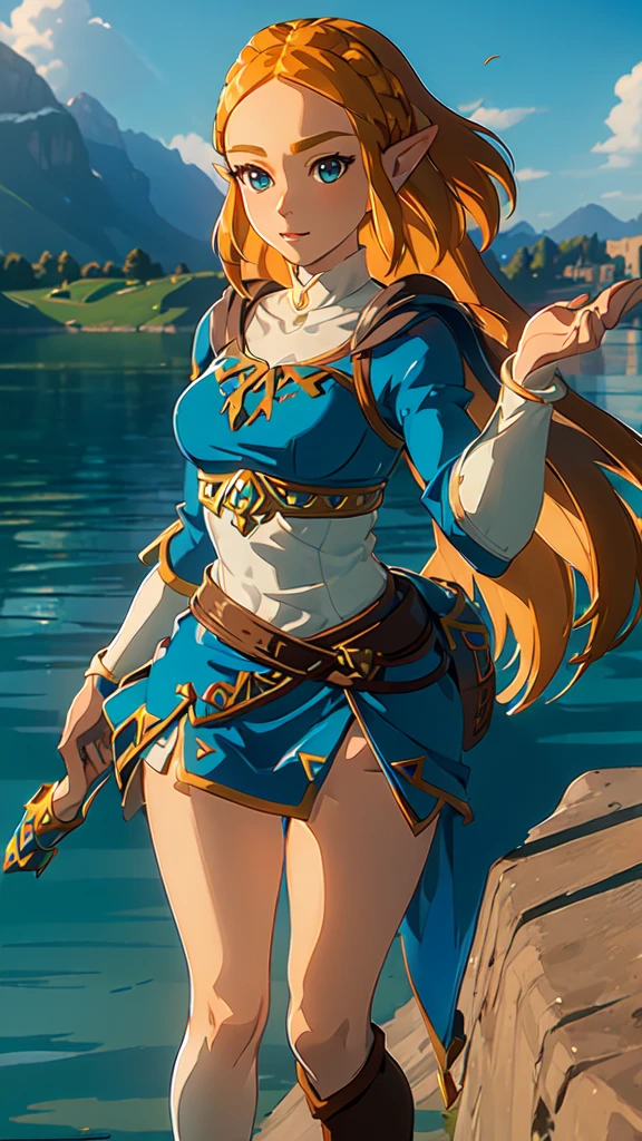 ((masterpiece,best quality)),Zelda\(Princess\), 1 girl, Solitary, breast,long_hair,skirt,portrait,Looking at the audience,Smile,8k wallpaper,in the lake,Black_cape,close up