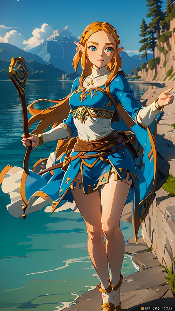 ((masterpiece,best quality)),Zelda\(Princess\), 1 girl, Solitary, breast,long_hair,skirt,portrait,Looking at the audience,Smile,8k wallpaper,in the lake,Black_cape,close up