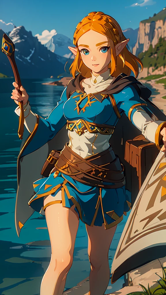 ((masterpiece,best quality)),Zelda\(Princess\), 1 girl, Solitary, breast,long_hair,skirt,portrait,Looking at the audience,Smile,8k wallpaper,in the lake,Black_cape,close up