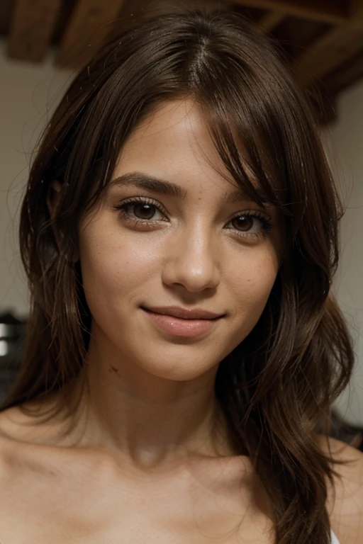 Alicia, estilo de arte animado, 1 chica, solo, senos, mirando_en_espectador, sonrisa, corto_cabello, abierto_Boca, grande_senos, rojo_eyes, cabello_entre_eyes, superior_cuerpo, blanco_cabello, :d, borroso, cocinero