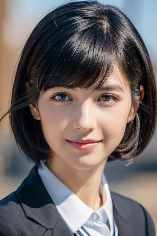 (masterpiece:1.3), (8k, Realistic, Raw photo, highest quality: 1.4), (One girl), Beautiful Face, (Realistic Face), (Black Hair, short hair:1.3), Beautiful hairstyle, Realistic eyes, Beautiful fine details, (Realistic Skin), beautiful skin, (uniform), Absurd, Charm, ultra high resolution, Ultra-realistic, Very detailed, golden ratio, smile