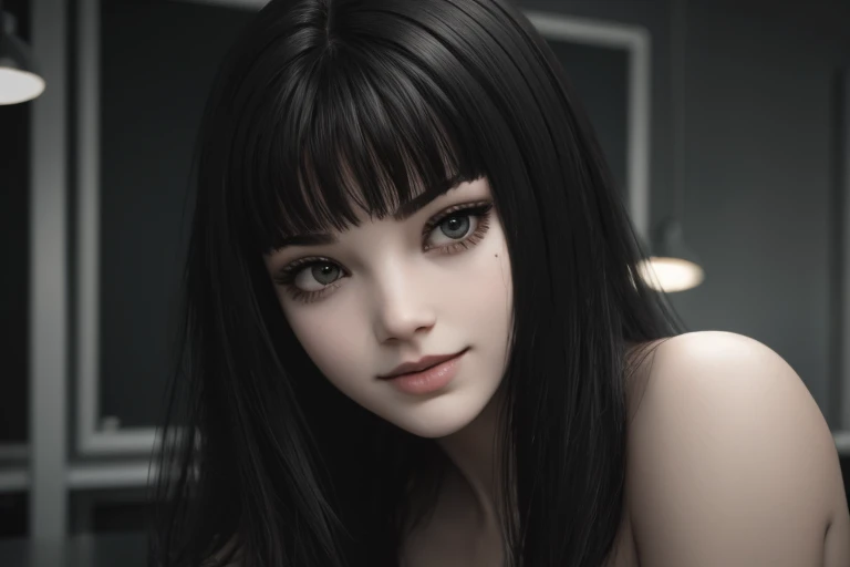 Ultra realistic, 16k, high quality, one evil naked well lit girl, succubus aesthetic, dream aesthetic, long black hair, cute bangs on the forehead, black evil eyes, bright evil eyes look, perfect nose, evil smile, pale-grey skin, grey skin, flushed cheeks, natural detailed , showing natural medium breasts, narrow waist, big hips, hot big vagina, hot sexy legs, perfect feets, creepy aesthetic, ************, (beautiful natural body), professional photography of a naked woman detailed, sharp focus, dramatic, award-winning, cinematic lighting, dream aesthetic, volumetric dtx, (film grain, creepy dark school laboratory background, blurred foreground, Bokeh, depth of field, motion blur:1.3), evil cute model, 