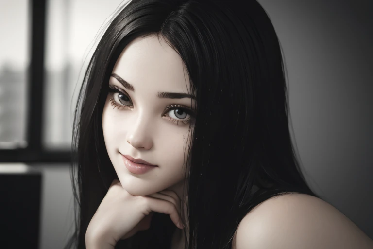 Ultra realistic, 16k, high quality, one evil naked well lit girl, succubus aesthetic, dream aesthetic, long black hair, cute bangs on the forehead, black evil eyes, bright evil eyes look, perfect nose, evil smile, pale-grey skin, grey skin, flushed cheeks, natural detailed , showing natural medium breasts, narrow waist, big hips, hot big vagina, hot sexy legs, perfect feets, creepy aesthetic, ************, (beautiful natural body), professional photography of a naked woman detailed, sharp focus, dramatic, award-winning, cinematic lighting, dream aesthetic, volumetric dtx, (film grain, creepy dark school laboratory background, blurred foreground, Bokeh, depth of field, motion blur:1.3), evil cute model, 