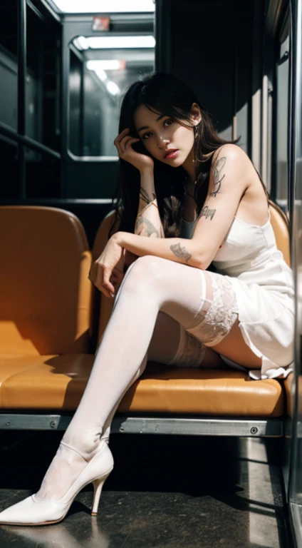 (full bodyesbian:1.5)，((Girl):1.4),(view the viewer:1.4)，(anatomy correct:1.3),(sitting on a bus:1.2),(white sexy lace V-neck dress :1.2),((white stockings):1.3),( Girls pointed-toe thick heels :1.1)，(foot ring:1.3),(Accurate and perfect face:1.3),(Tattoos with a large area of the whole body，tattoos on the arms，Tattoo on the chest，leg tattoos)，hyper HD, Ray traching, reflective light， structurally correct, Award-Awarded, High detail, Fade-in and fade-out shadow contrast, Face lighting ，Cinematic lighting, Masterpiece, super detailing, High quality, High detail, Best quality, 16k，High contrast,