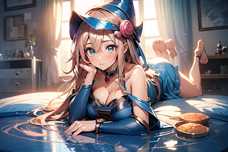 master piece,best quality,ultra detailed,8k,
ambient light,realistic skin,glossy skin,
(dark magician girl, duel monster, blush stickers, blonde hair, green eyes, long hair, breasts, blush, bangs, large breasts, hair between eyes, pentacle, pentagram, hat, dress, cleavage, bare shoulders, collarbone, choker, blue headwear, wizard hat, bracer, detached sleeves;)、
A realistic depiction of a person trapped inside a glass bottle, 、(lie face down:1.3)、(portrait)、(the body is very wet:1.5)、yukata、Glossy lips、Slightly emphasize the lower lip、blush、embarrassed expression、emphasizing the cleavage、