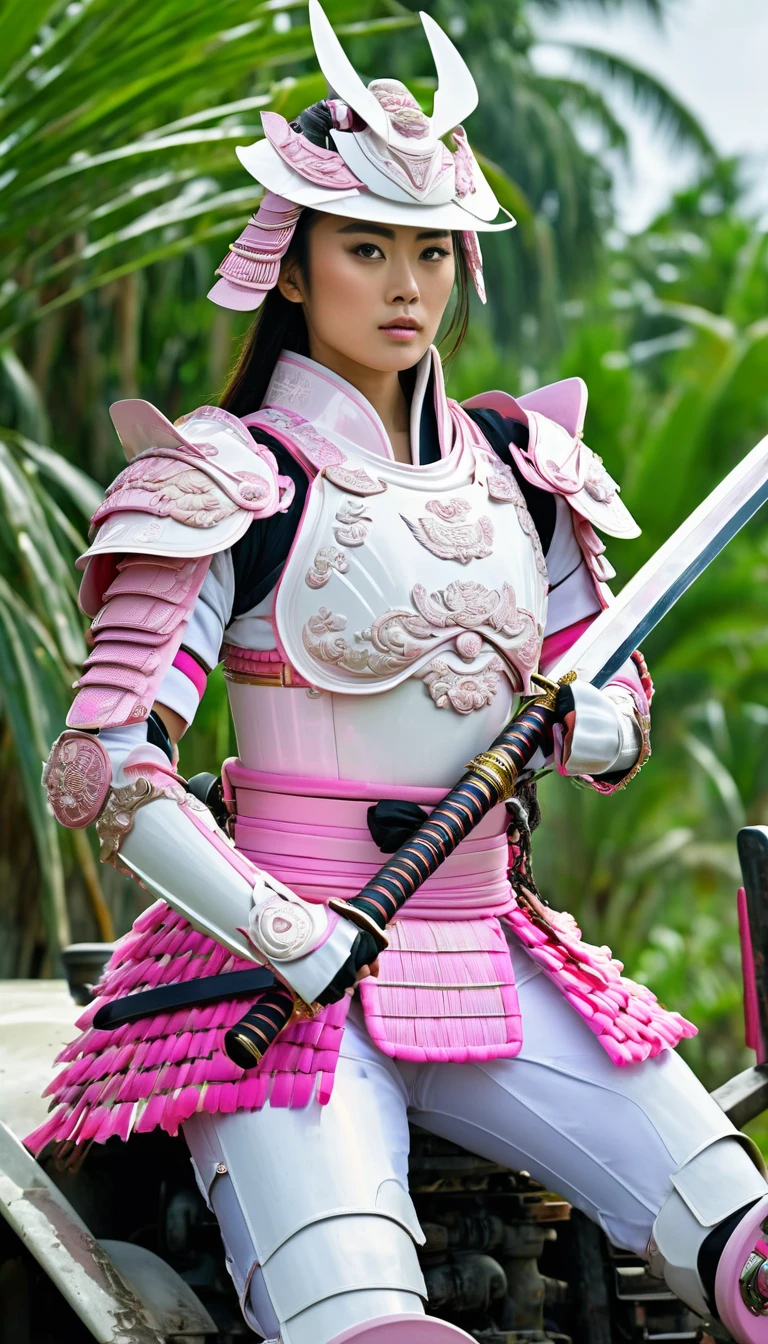 nature photography, uhd resolution, strong Samurai woman warrior,
the most beautiful woman wearing white and pink samurai armor, like saint seiya armor, with a large katana, sitting on a tractor in the middle of an oil palm field, Ai
