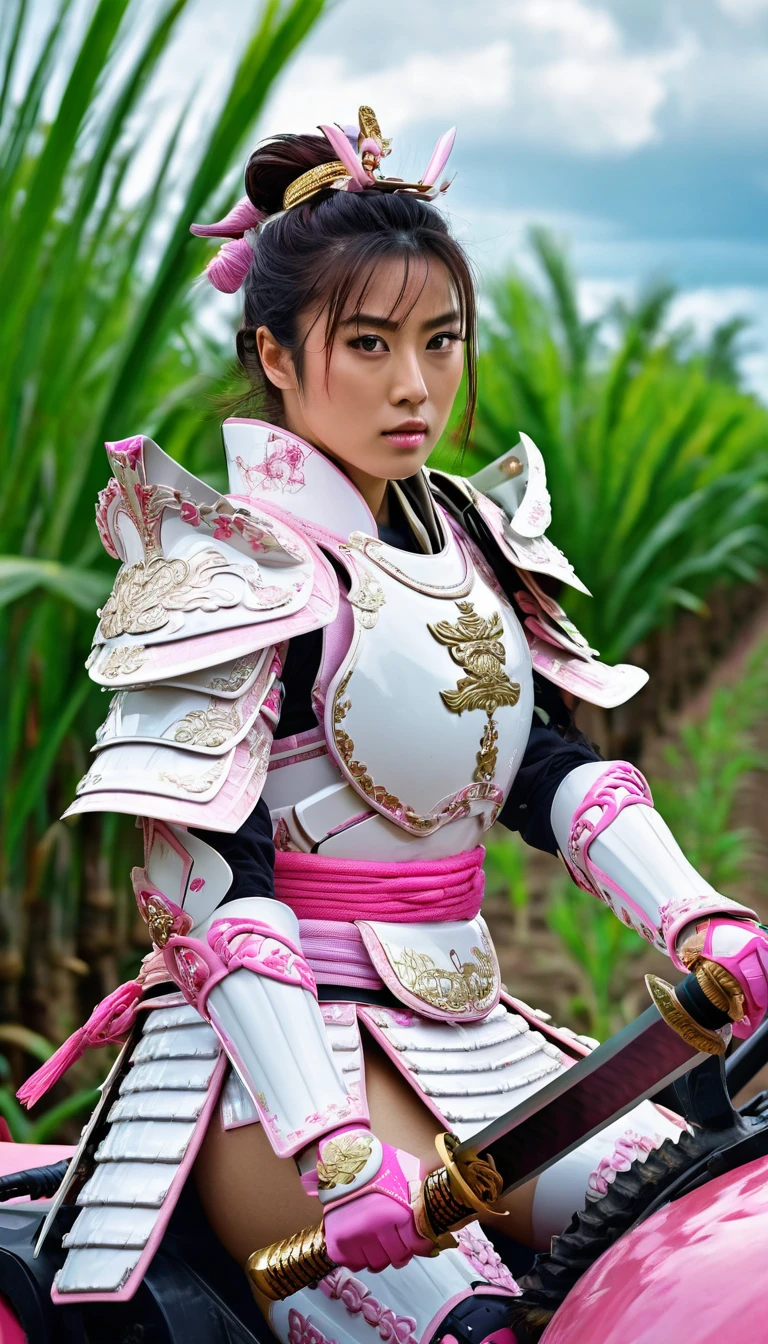 nature photography, uhd resolution, strong Samurai woman warrior,
the most beautiful woman wearing white and pink samurai armor, like saint seiya armor, with a large katana, sitting on a tractor in the middle of an oil palm field, Ai