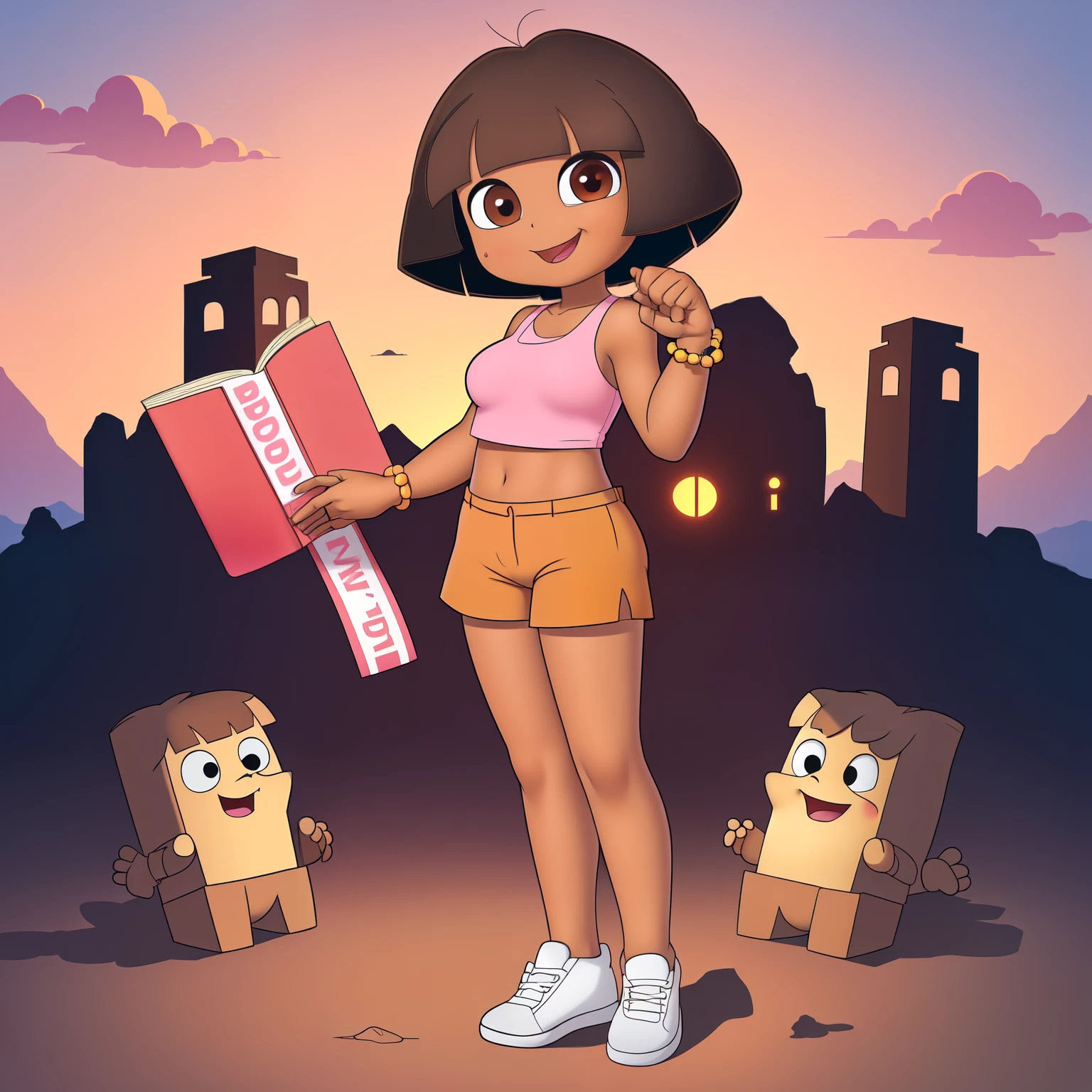 ((masterpiece, best quality)), full body, (solo 0.6), 1 girl, Dora, bracelet, (dark skin 0.6), dark brown hair, short hair, brown eyes, sunset, desert ruins, pink top, orange shorts, holding a book, large breasts, large butt, grinning, standing, sexy