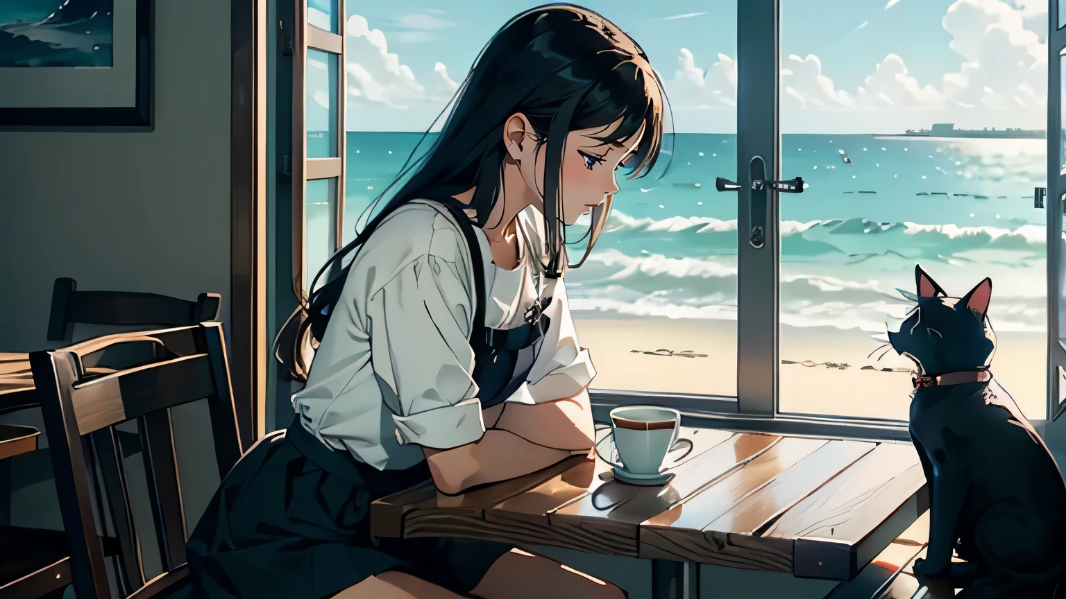 A beautiful brunette girl with long hair and a blazer uniform talks with Black Cat at the seaside cafe, Black cat, seaside cafe, coffee, Calm and gentle tempo, gentle sunlight, The sea is visible through the open window and a gentle breeze is blowing