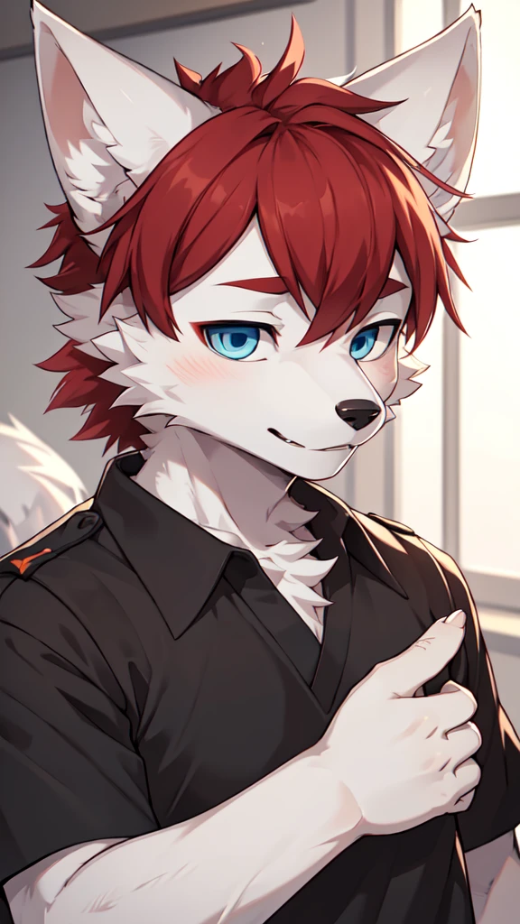 (Best picture quality),(Masterpiece),(((Only one person.))),(Extremely detailed),(male white wolf:1.5), (white skin:1.3), hairy，(white fur:1.3),((blue eyes)) ,(Gray ears),(red hair),(hairy 动物 耳朵s)，(wearing a black military shirt)，((laboratory))，doctor，Protective Clothing，natural light，complex background,detailed face，details on face，Focus on character，detailed clothing，upper body，depth of field，perfect lighting，Sharp focus，characters close up