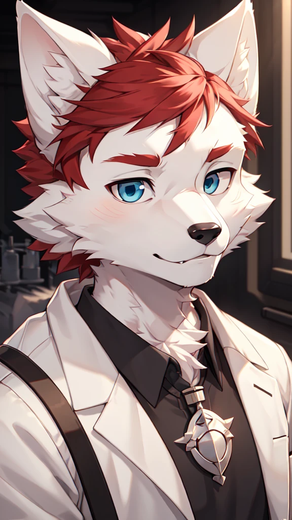 (Best picture quality),(Masterpiece),(((Only one person.))),(Extremely detailed),(male white wolf:1.5), (white skin:1.3), hairy,(white fur:1.3),((blue eyes)) ,(Gray ears),(red hair),(hairy 动物 耳朵s),(wearing a black military shirt),((laboratory)),doctor,Protective Clothing,natural light,complex background,detailed face,details on face,Focus on character,detailed clothing,upper body,depth of field,perfect lighting,Sharp focus,characters close up