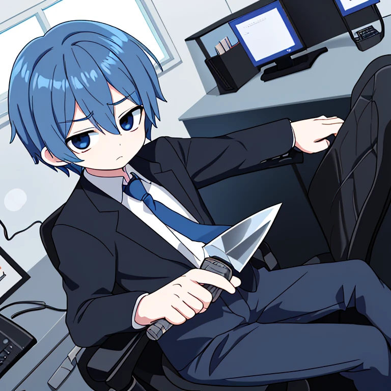 Look like 20yr or 18yr boy
dark blue hair color and some little light blue/grey color on down hair
Pure black Eye color beautiful eye
Short Hair look like a anime girl but he is actually a boy but handsome
Holding a knife with blood on it
Silent face and don't show emotions
Many Blood all over his
Dark background like a office at night sitting on a office chair or likely in the Spaceship at outing space
Black outfit with tie main color is dark blue