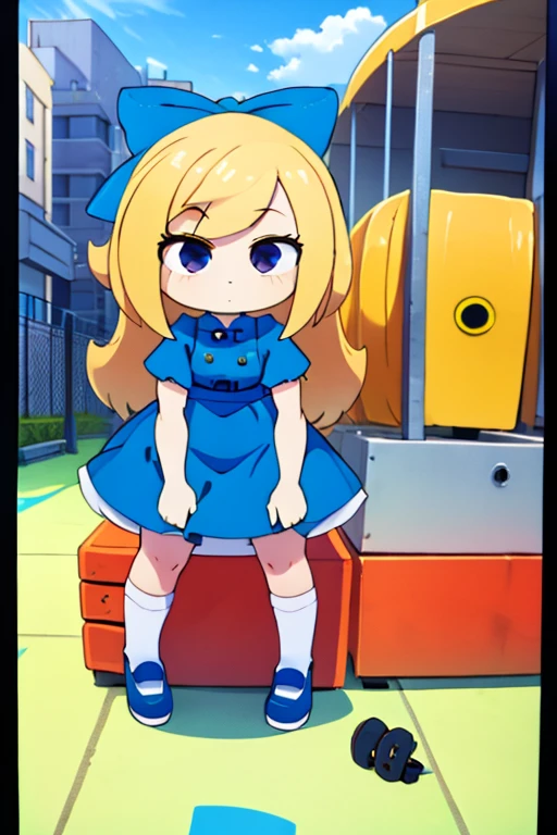 1girl,blue dog ears blue dress White socks black shoes black eyes blonde hair  blue bow at a playground 