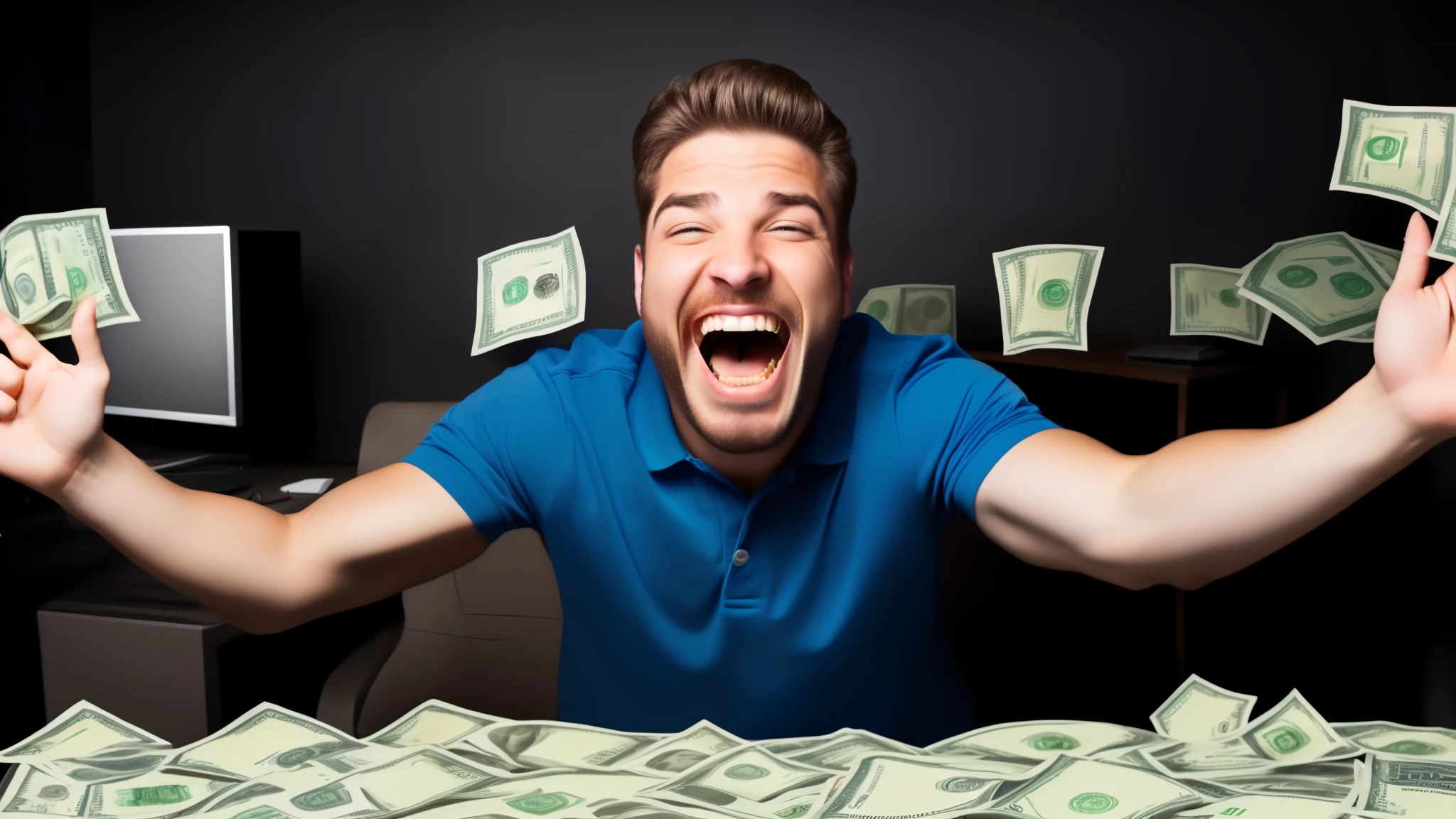 funny guy screaming, money hands, surrounded by money and computers,
