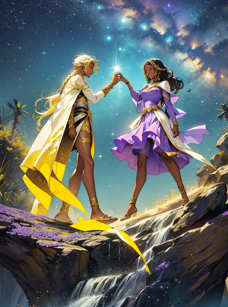African woman wear spainish purple dress like a princess. She have beautiful long braid hair and brown skin. Star-man wear black and glittery golden clothes with cape like a prince. He have glow white and yellow short hair. His sand-color skin. He hold her hand by his hand. He is flying.