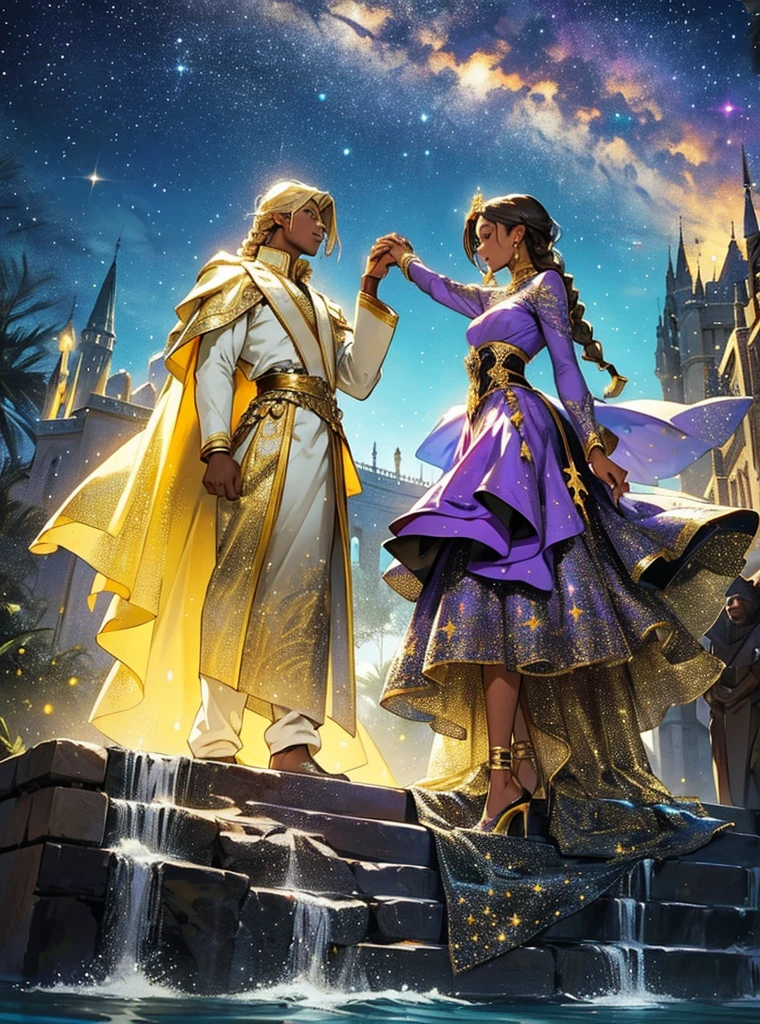 African woman wear spainish purple dress like a princess. She have beautiful long braid hair and brown skin. Star-man wear black and glittery golden clothes with cape like a prince. He have glow white and yellow short hair. His sand-color skin. He hold her hand by his hand. He is flying.