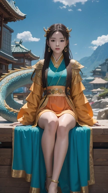 16K HD，Movie perspective lighting，masterpiece，Middle school student in bright orange chiffon dress sitting on a large 鹿角 statue, queen of the sea mu 奈斯 ling, cinematic, by Super Realism, the dragon girl portrait, Guan Xiaotong fantasy, wl op and ross winter rain, ross netflix drama and crossing, full body, Ross Costume 8k,Hanfujia and art germ, Horse-faced skirt and f international star fan science fiction, 1girl, solo