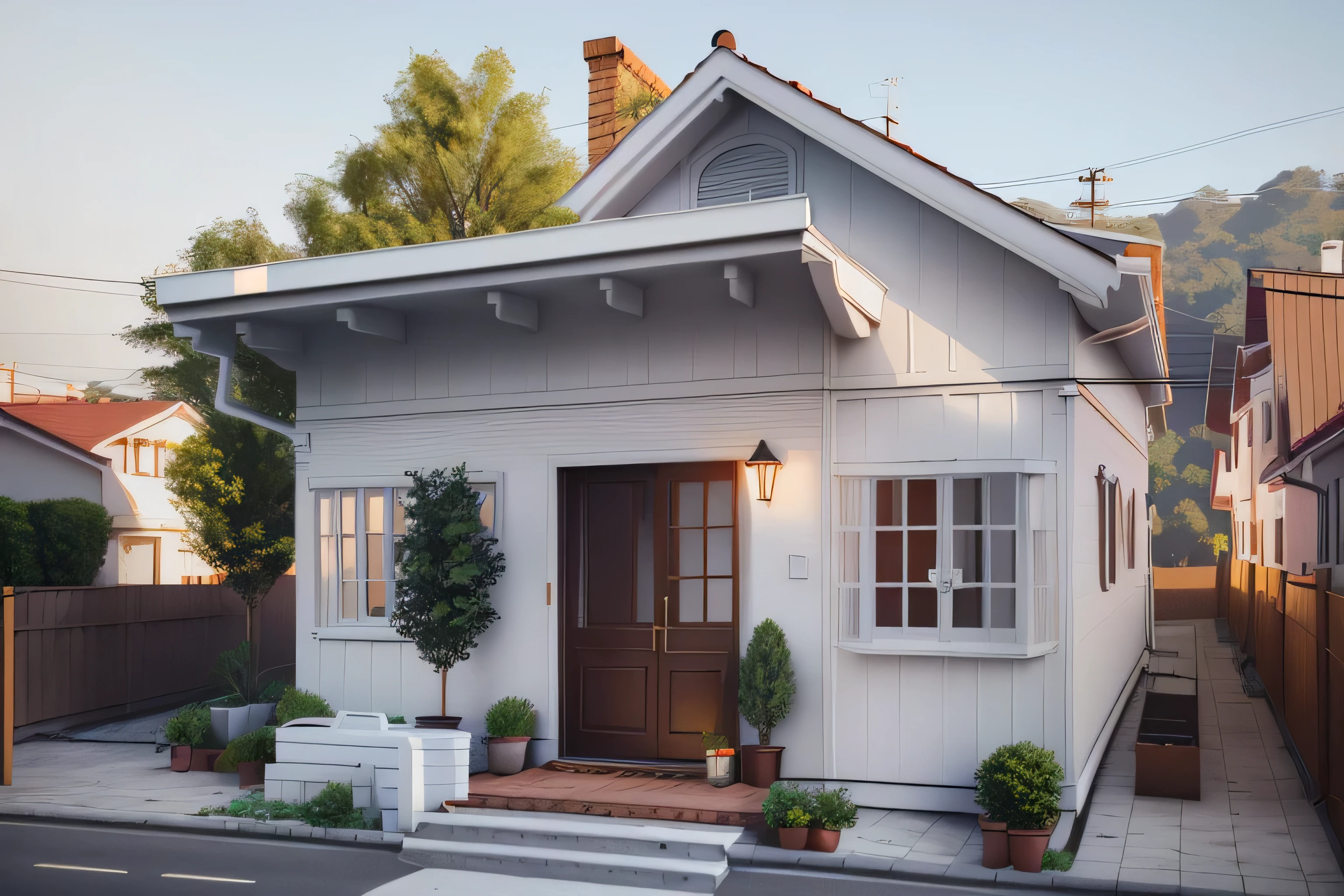 There is a small white house with a red roof and a porch, Lumion Pro Rendering, Directed by: CeFerí Olivé,renderizar 3 d, clean render, professional render, corona render, octain rendering, lumion rendering, vista externa, render corona, 3d final render, 3 d finalrender, vue 3d render, photoralistic rendering, photorender, high-quality render, 3D-rendering