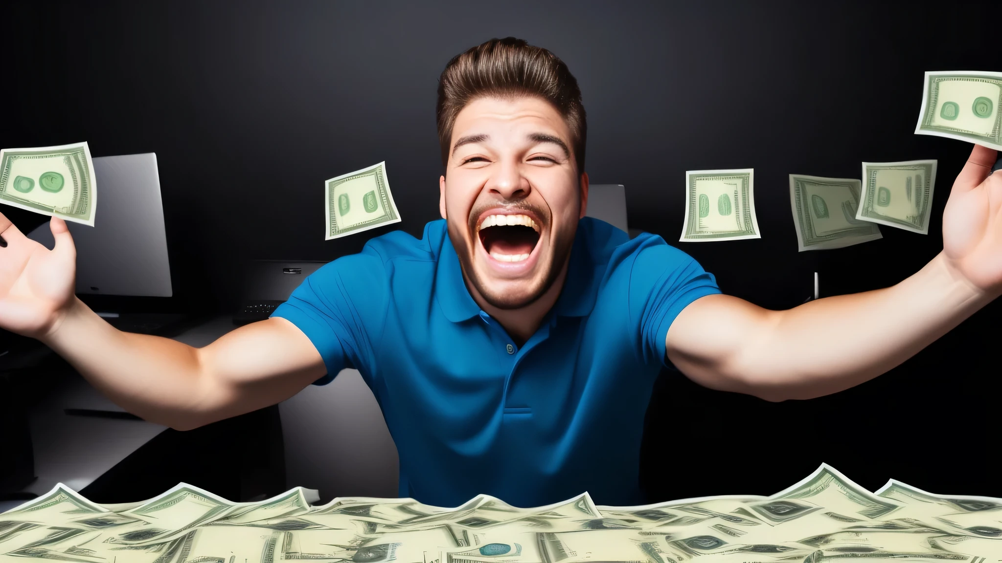 funny guy screaming, money hands, surrounded by money and computers,