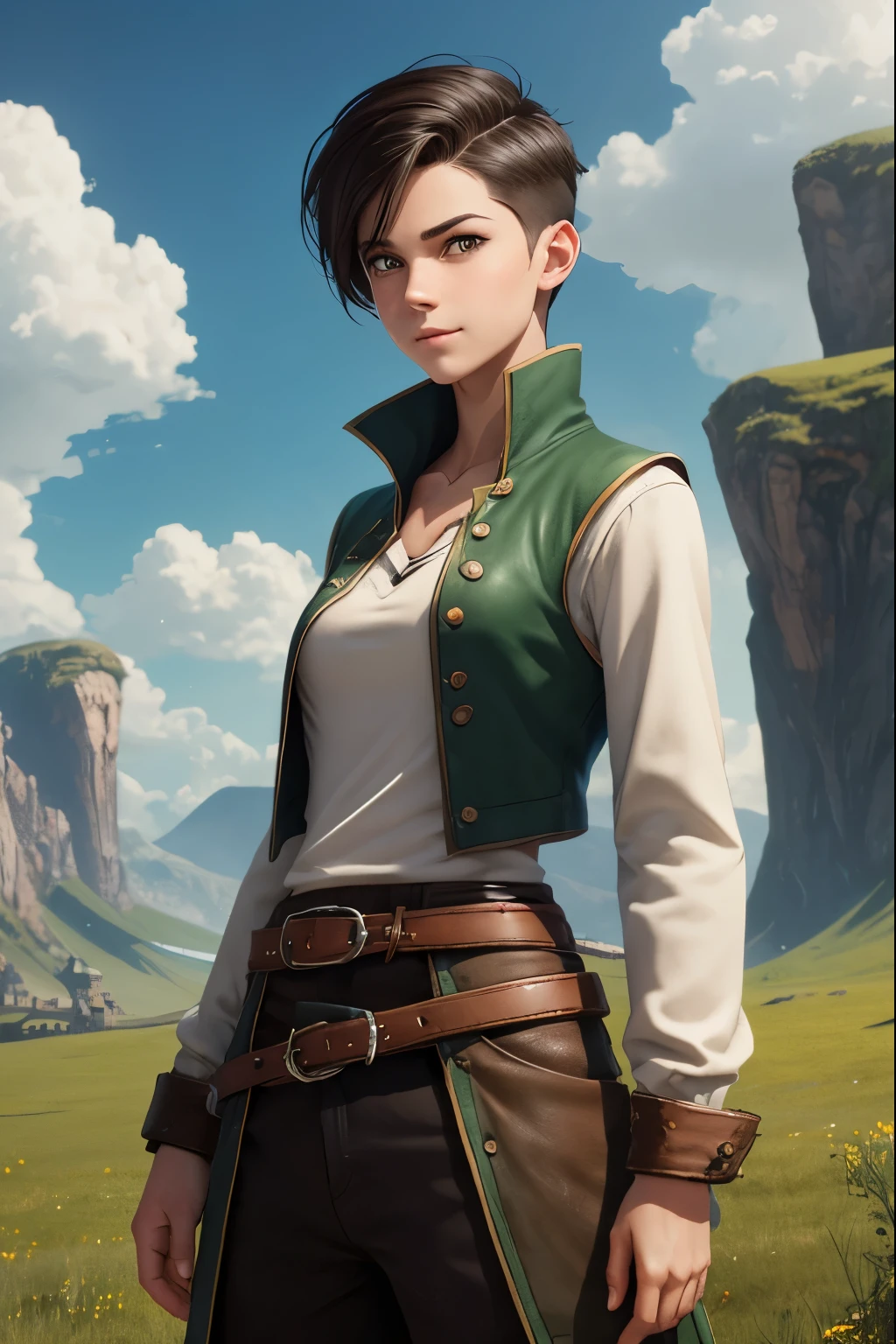 A happy young woman with an undercut in a fantasy setting. A rogue. Very androgynous looking. In a good mood. Sympathic. Kind. Tomboyish. Androgynous. Slim body. Very . Very small breasts. Wide hips. Thick legs. Face: Extremly pale skin with liverspots and freckles. Soft narrow face with a round chin. Soft small jaw. Big forehead. Very thin barely visible eyebrows. Upturned big dark-brown eyes. Dark-brown eyecolour. Puppy dog look. Very long and wide nose. Big curved lips. Very short dark-brown hair. A boyish short haircut. Undercut. Sides shaved. Casual clothes in a fantasy style. Background: a green meadow and cloudless blue sky.