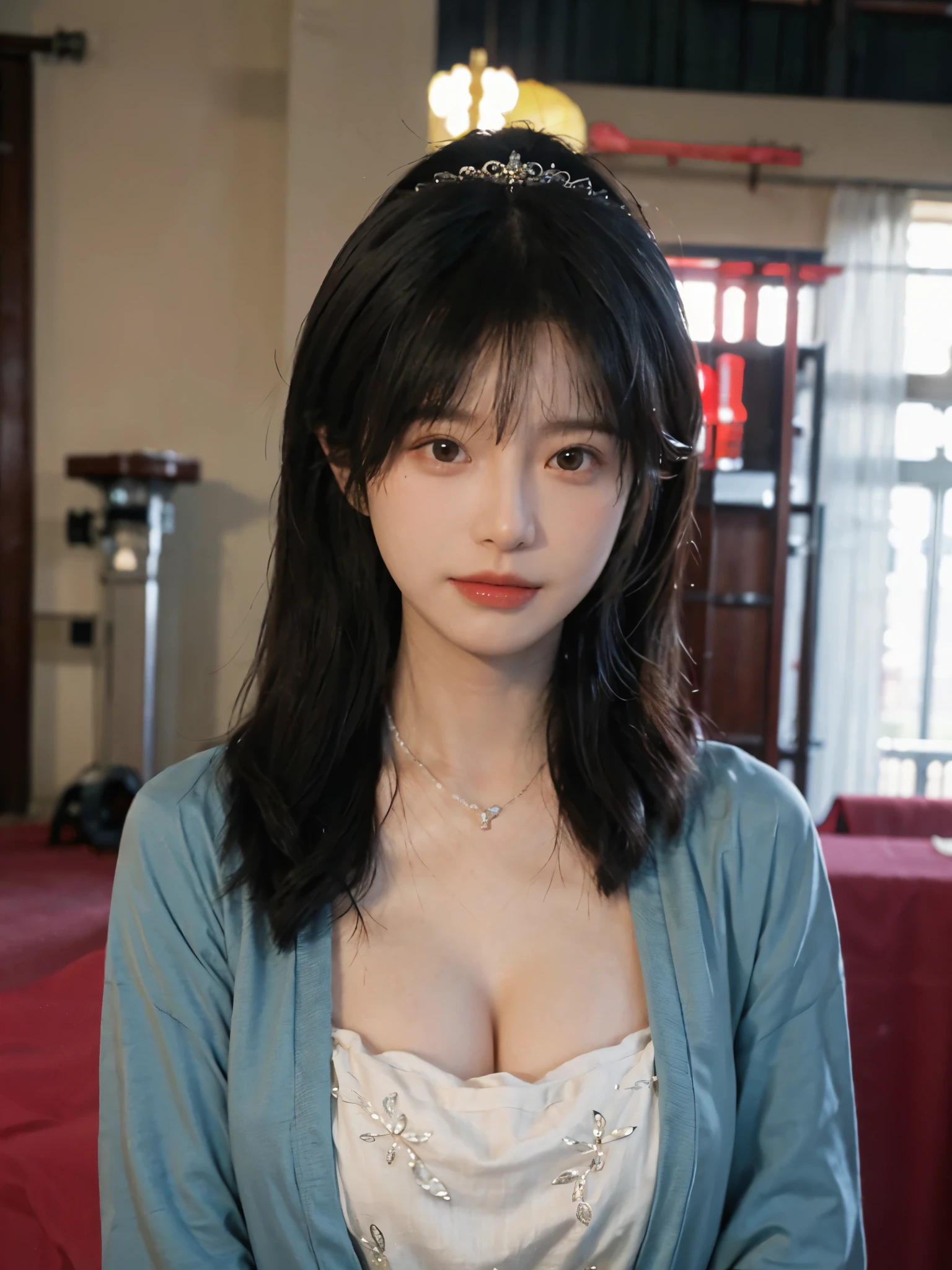 best quality, ultra high resolution, (realistically:1.4),cute hairpin,Baoyu Girl,Standing in the wedding hall,(flat chest:1.2) ,A pair of clear and charming peach blossom eyes,Royal sister,The sun shines on the face,Big wavy hairstyle,(necklace:1.2),(White skin:1.4),a sense of atmosphere,a beautiful girl,Looking directly at the viewer, Close-up cleavage ,(lifelike:1.4),1 girl,Sexy,(Upper body:1.4),(wet),(:1.2)
