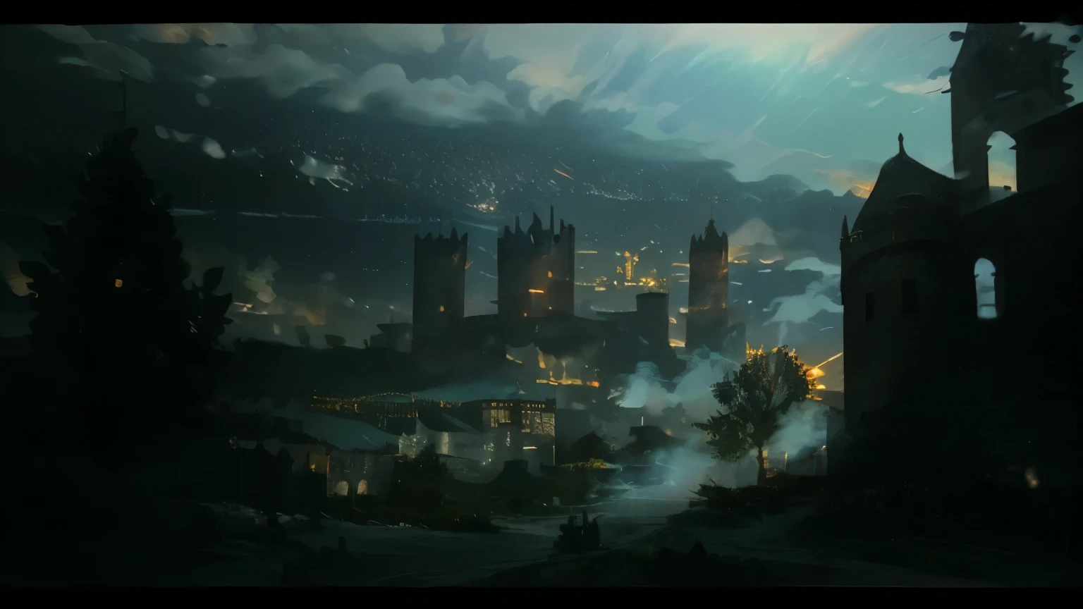 medieval era castle town, orange glow in the air, dusk, sunset, one guard, inns with lights shining through windows, smoke rising from chimneys, houses