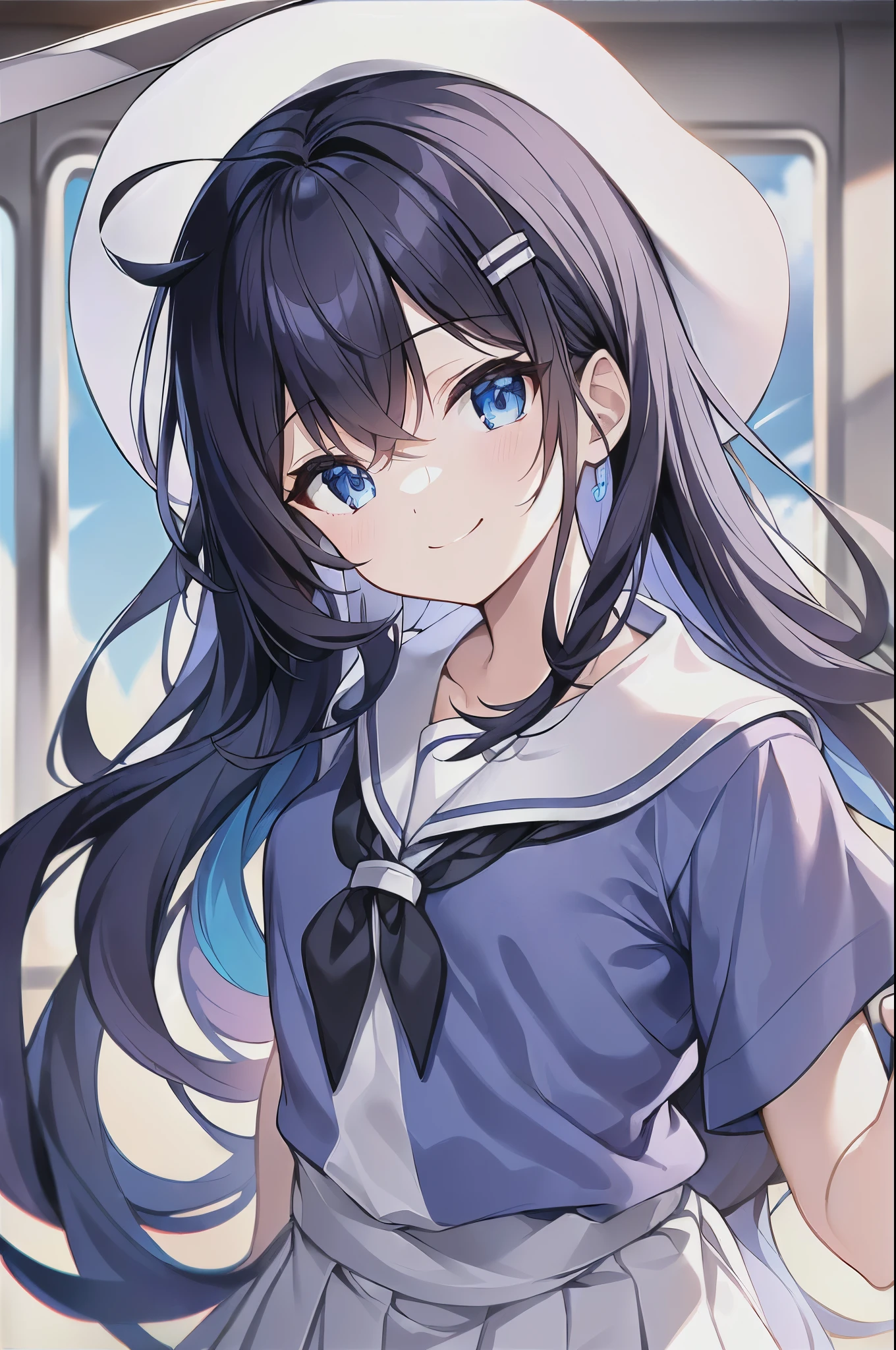 (((masterpiece))) (((highest quality))), (((beautiful))), (((8K))), (((High resolution))), (1 girl:1.3), (child:1.5), (Loli:1.2), (Dark blue straight long hair:1.3), (very long, Dark blue sideburns), (Very wide parted dark blue bangs:1.3), (Simple hair clip:1.4), (Ahoge:1.4), (small blue eyes:1.2), (slightly droopy eyes:1.3), (Super thick sideburns and super long sideburns:1.1), (Ultra-flat chest:1.4), (extremely small breasts:1.4), (smile:1.3), (Standing on the train:1.2), (Train window:1.3), (Grab the train strap:1.4), (white sailor suit:1.3), (white pleated skirt:1.3), White hat with blue ribbon, (Cowboy Shot:1.2), (From above:1.5)
