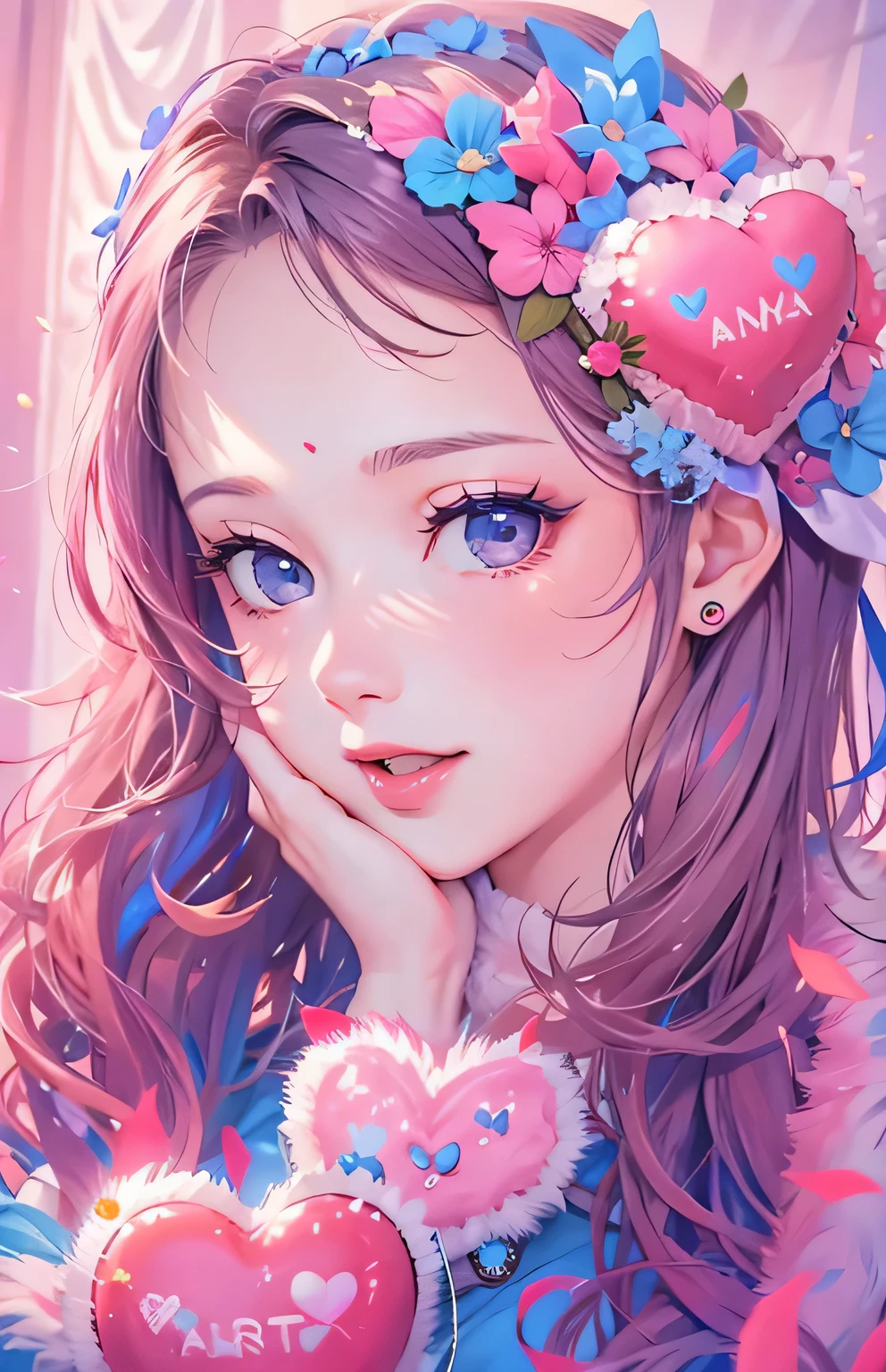 ((highest quality)), ((masterpiece)), (Get used to it), Perfect Face , beautiful girl , Valentine , Pink and Blue ,