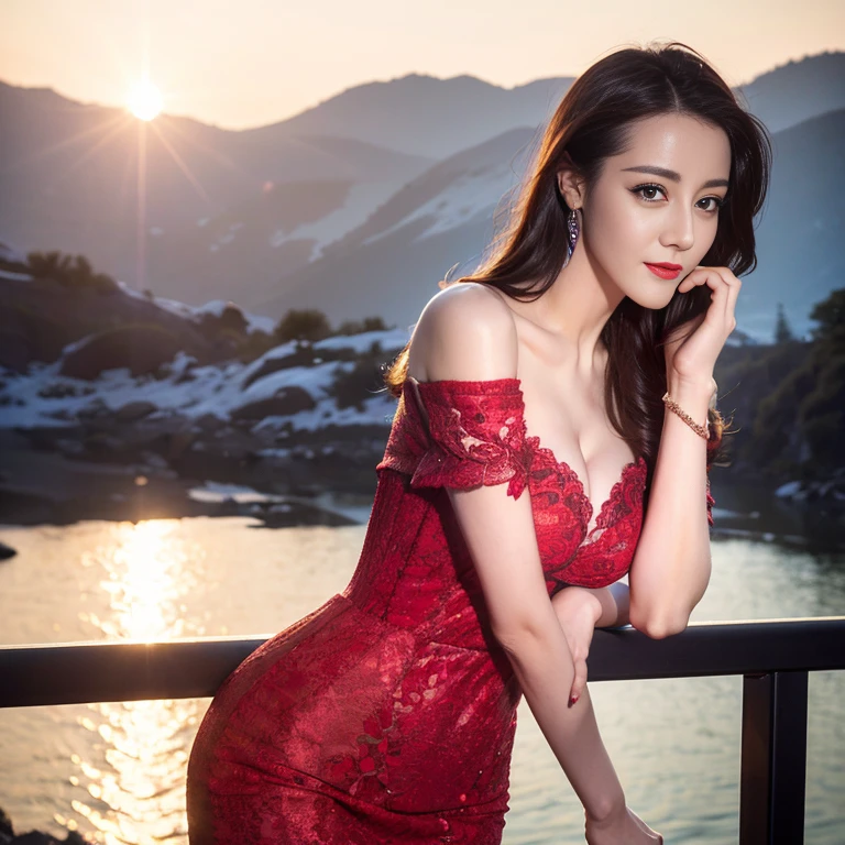 ((Top quality、8K、Masterpiece:1.3))、Extremely delicate beautiful girl,full-body shot,Huge breasts,Bigger breasts,amazing breast size,G cup。Wear big earrings,Very white skin,moist red lips,Very thin waist,Very thin thighs,Big Ass,fair and smooth skin,Smooth and fair skin,flawless skin,Fair and shiny skin,Cold white skin,Camera on chest,Deep cleavage,showing her breast,(Big V-neck exposed breasts),bright light,Red lace dress,Red gauze dress,Lower body exposed,Bare shoulders,Light pink hair,The hair is light pink,blizzard,Snow Mountain,Sunset,lake