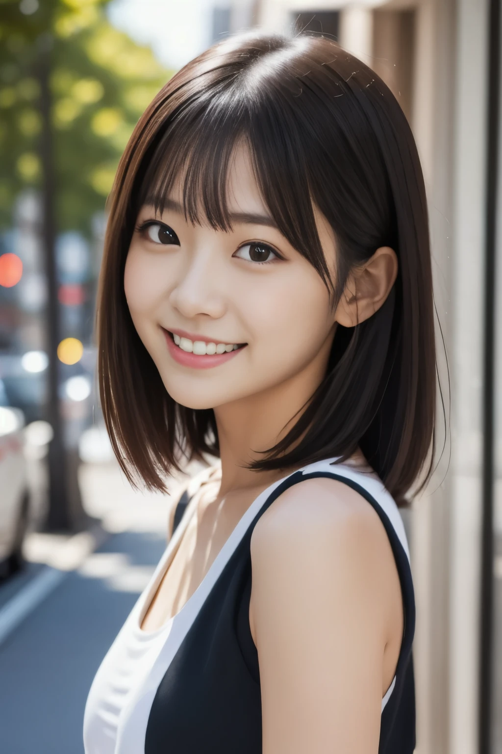 (masterpiece, highest quality, 8K:1.2), (adult women, 18-year-old:1.2), alone, japanese woman, Cute face, (Upper Body), Beauty,model, Beautiful Faces, Idol Style, , smile, (white sleeveless,one piece:1.2), Black hair straight, Slightly longer bob hair, high resolution, 